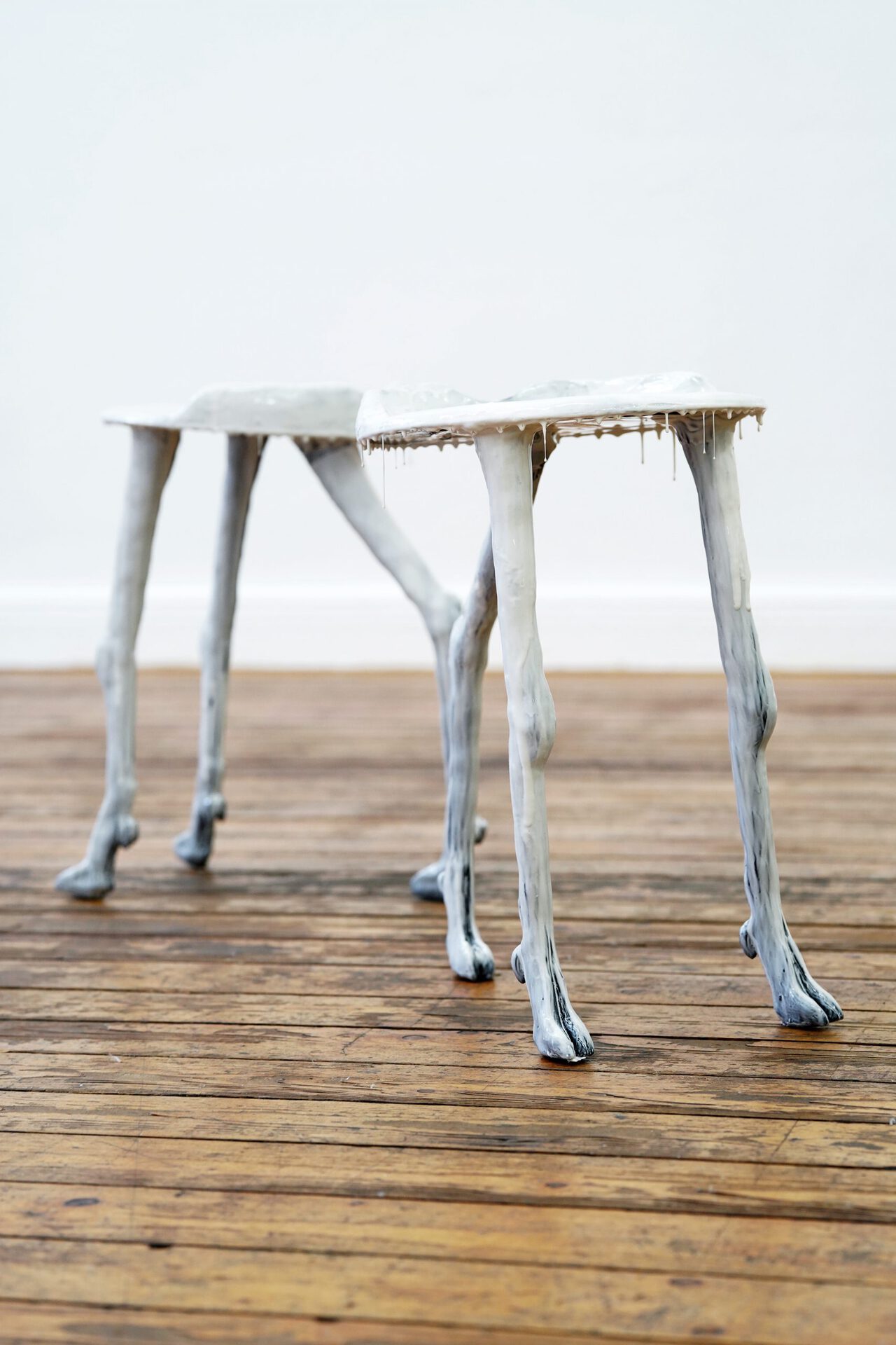 Eliza Ballesteros, DOMESTIC HECK I, 2020, milk stools with deer legs, epoxi resin, latex coating, each 45 x 30 x 40 cm