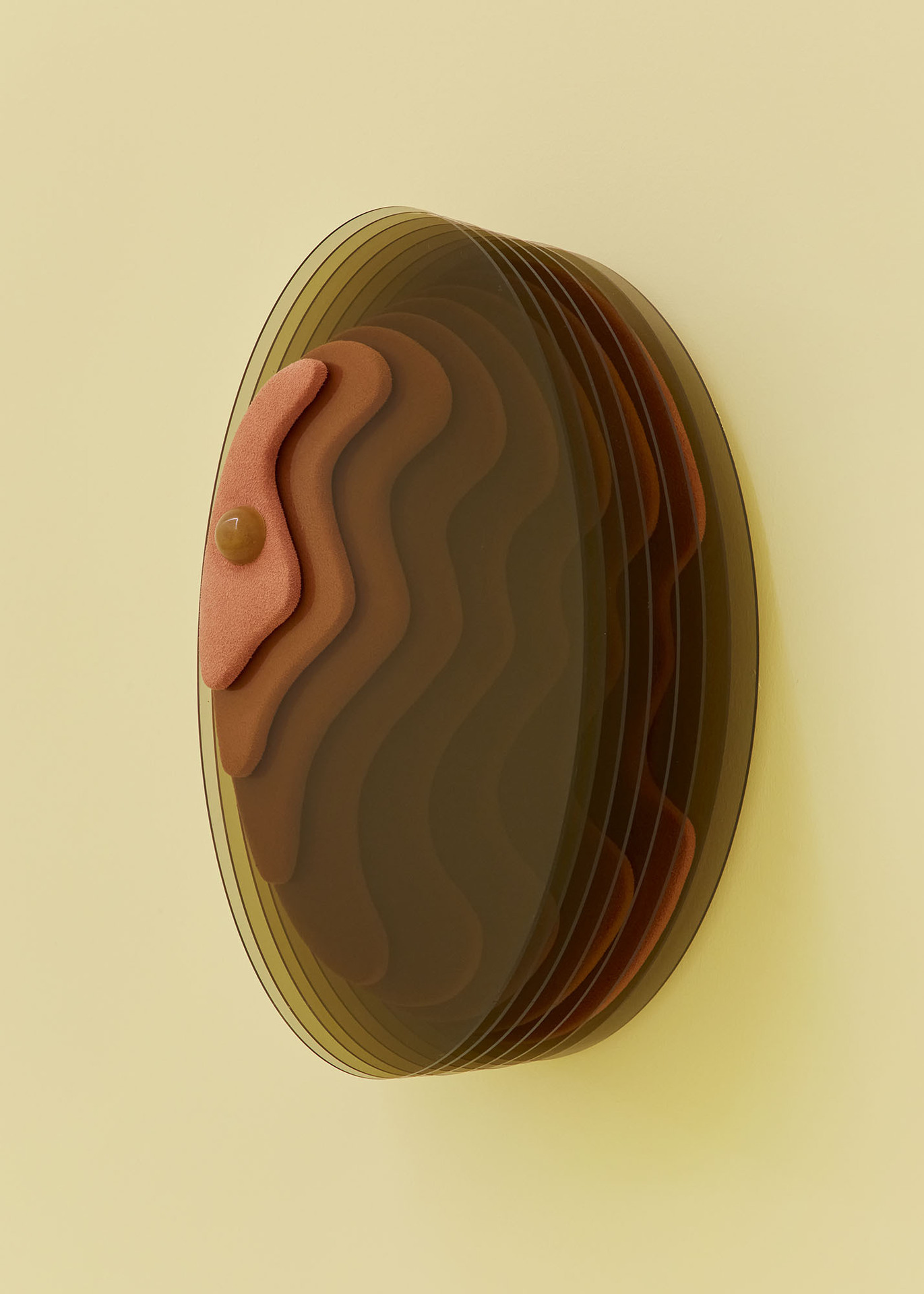 Grace Woodcock, 'Bolus', 2020, Bronze tint perspex, silicone, stainless steel bolt, suedette, upholstery foam, zinc oxide, pro and prebiotic powder, and spirulina. 37 x 22 x 14.5 cm.