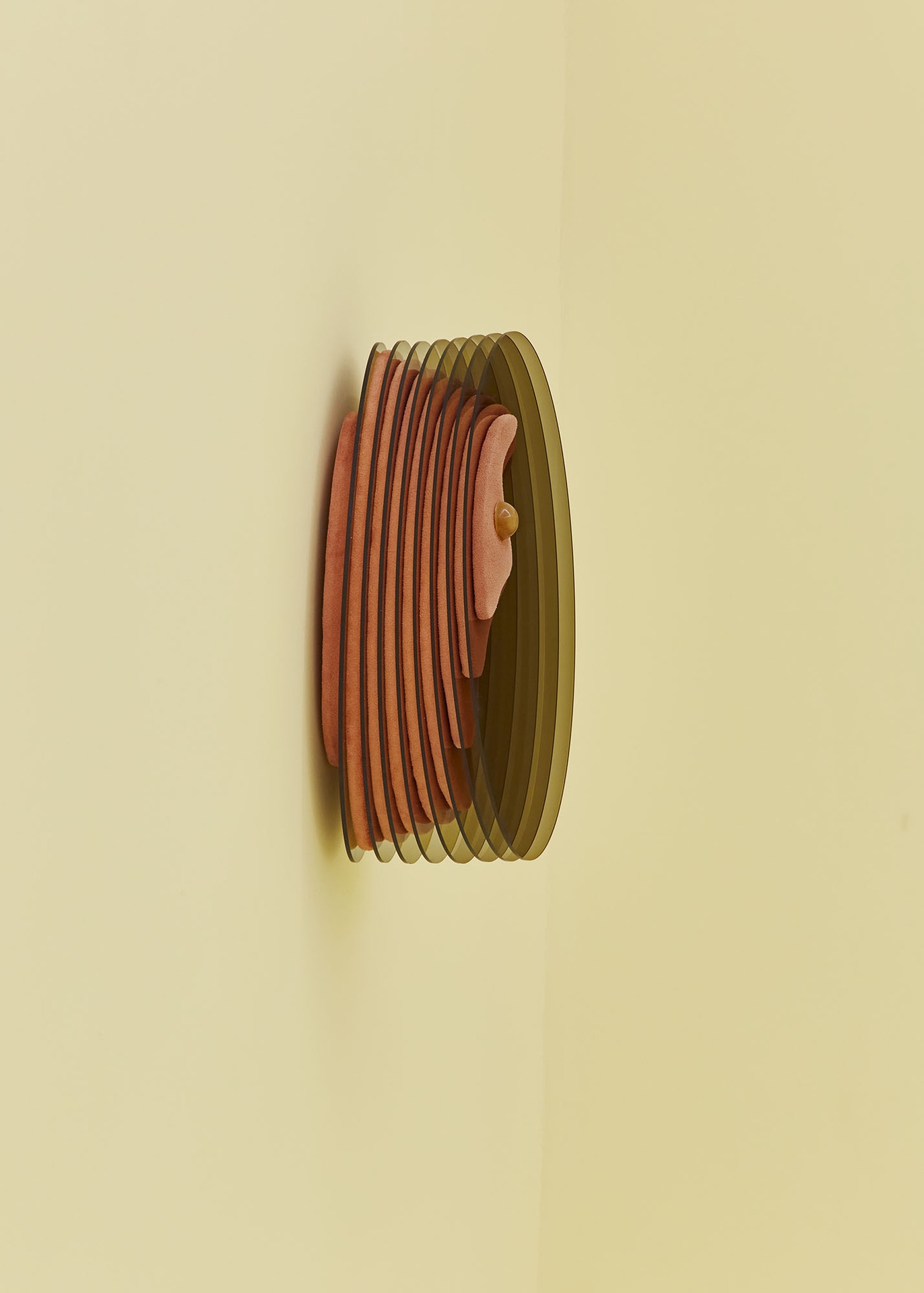 Grace Woodcock, 'Bolus', 2020, Bronze tint perspex, silicone, stainless steel bolt, suedette, upholstery foam, zinc oxide, pro and prebiotic powder, and spirulina. 37 x 22 x 14.5 cm.