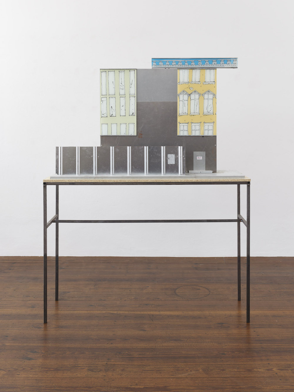 Wilhelm Klotzek, "Humboldt Forum Mitarbeitereingang", 2020, Partially galvanized sheet steel, silkscreen on glass, paper, 142 x 41,5 x 175,5 cm