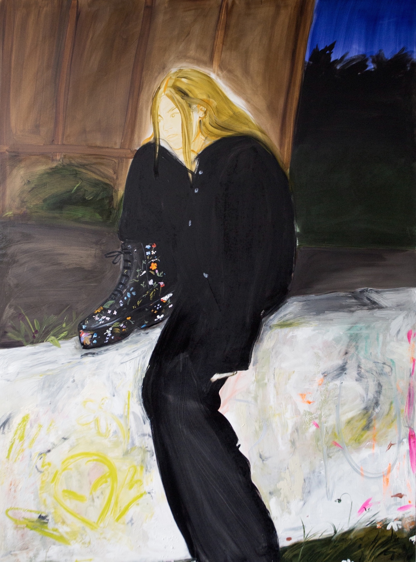 Daria Gitmanovich, Untitled (Flower shoe, graffiti wall), 2019, Oil on canvas 190 x 140 cm