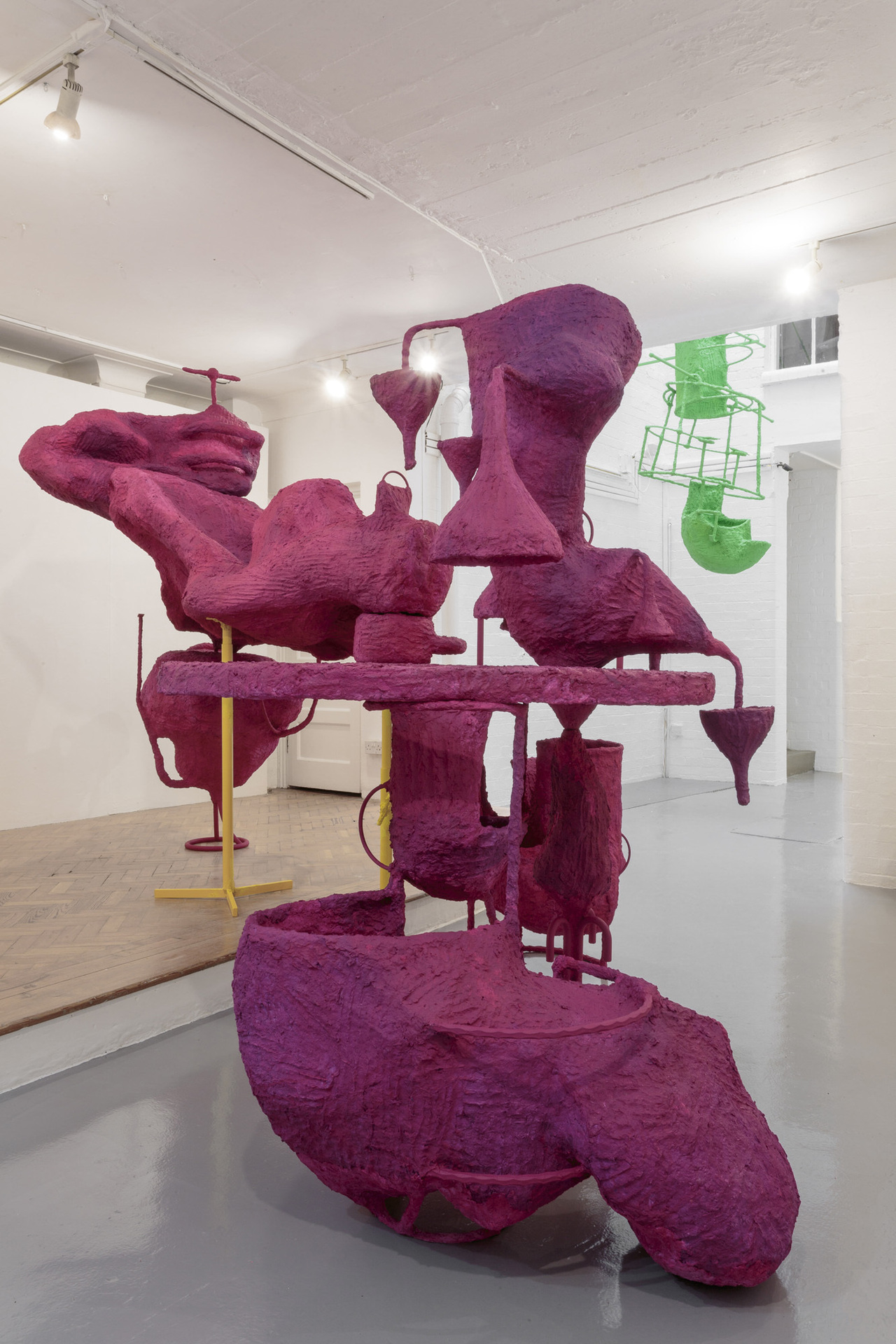 Olivia Bax, Kingpin, 2020, steel, polysterene, foam, chicken wire, newspaper, glue, paint, plaster, funnels, powdercoated steel stands, 247 x 396 x 273 cm