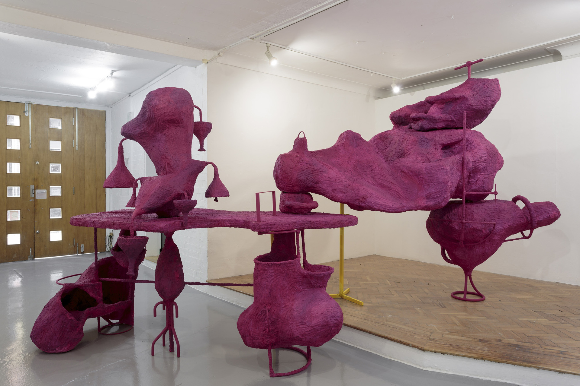 Olivia Bax, Kingpin, 2020, steel, polysterene, foam, chicken wire, newspaper, glue, paint, plaster, funnels, powdercoated steel stands, 247 x 396 x 273 cm