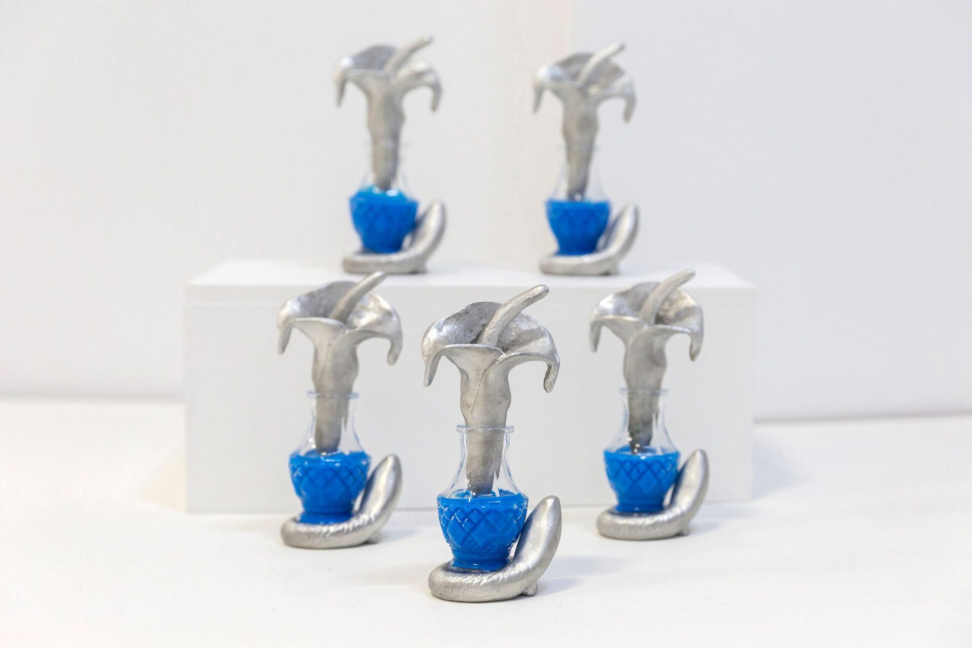 Amalia Vekri, Blue Spirulina Magic Mask, Edition of 10, Aluminum, glass, blue Spirulina, essential oils (apricot kernel, rosehip,olive oil), 2020