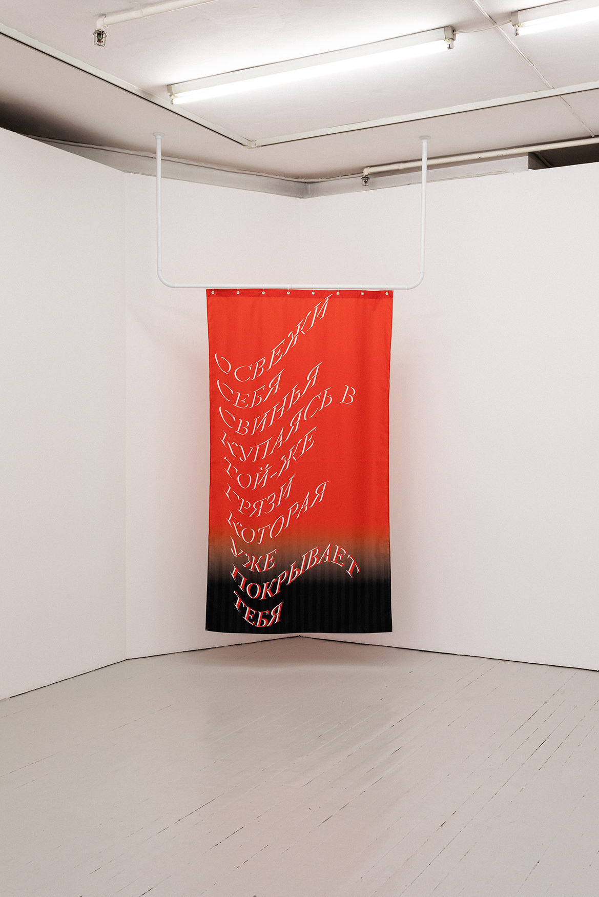 Anton Benois, Red Curtain, 2020, Shower curtain, bathroom pipes, 1.5W x 2.7H