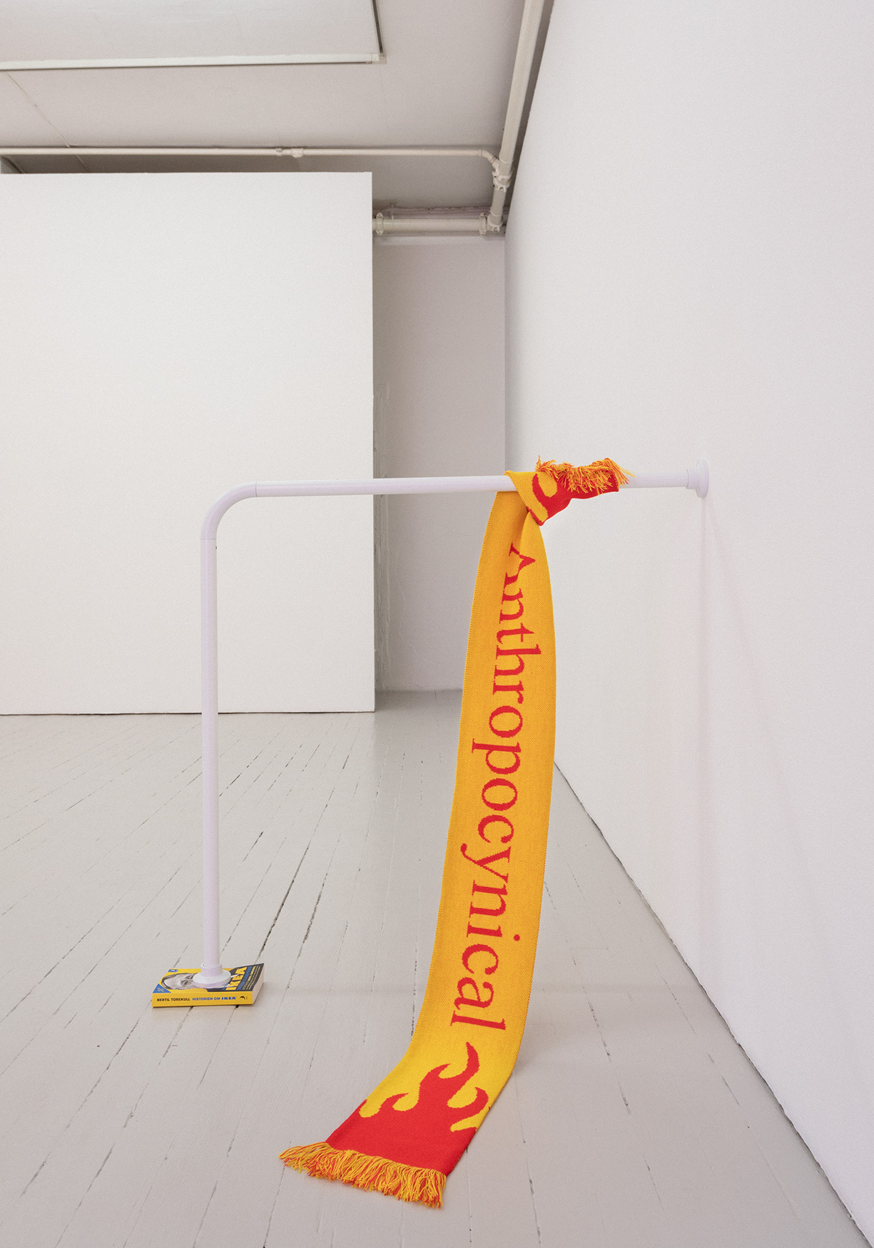 Anton Benois, Anthropocynical, 2020, bathroom pipes, Ingvar Kamprad's biography, synthetic footbal scarf, dimensions variable