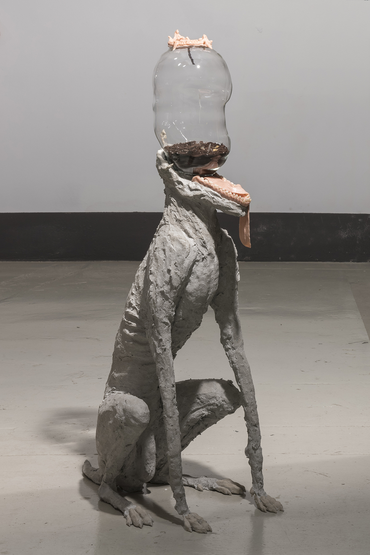 Paco Chanivet, Perro neurótico, 2020, Cement, epoxy putty, polymer clay, resin teeth, blown glass and phoenix larvae