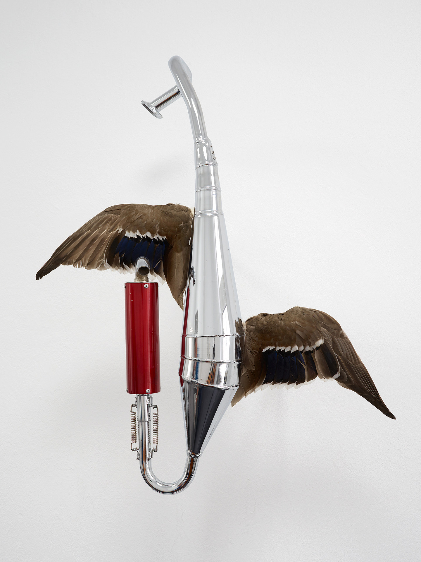 Christian Theiß, untitled, 2020, exhaust pipe, taxidermy, ca. 80 x 70 x 35 cm