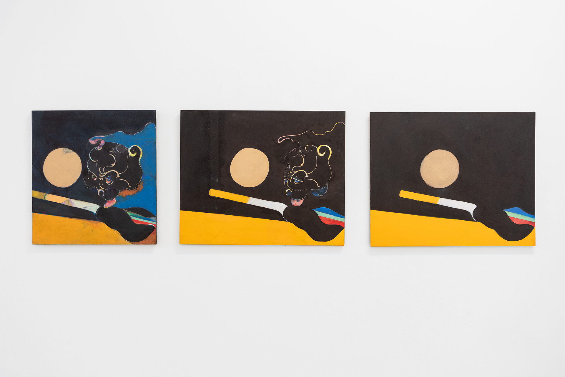 Ralph Schuster, „Shangri-La“, Acrylic, Stain & Colored Pencils on MDF, 3-parts: 53 x 49,5 cm, 53 x 65 cm, 53 x 65 cm, 2020