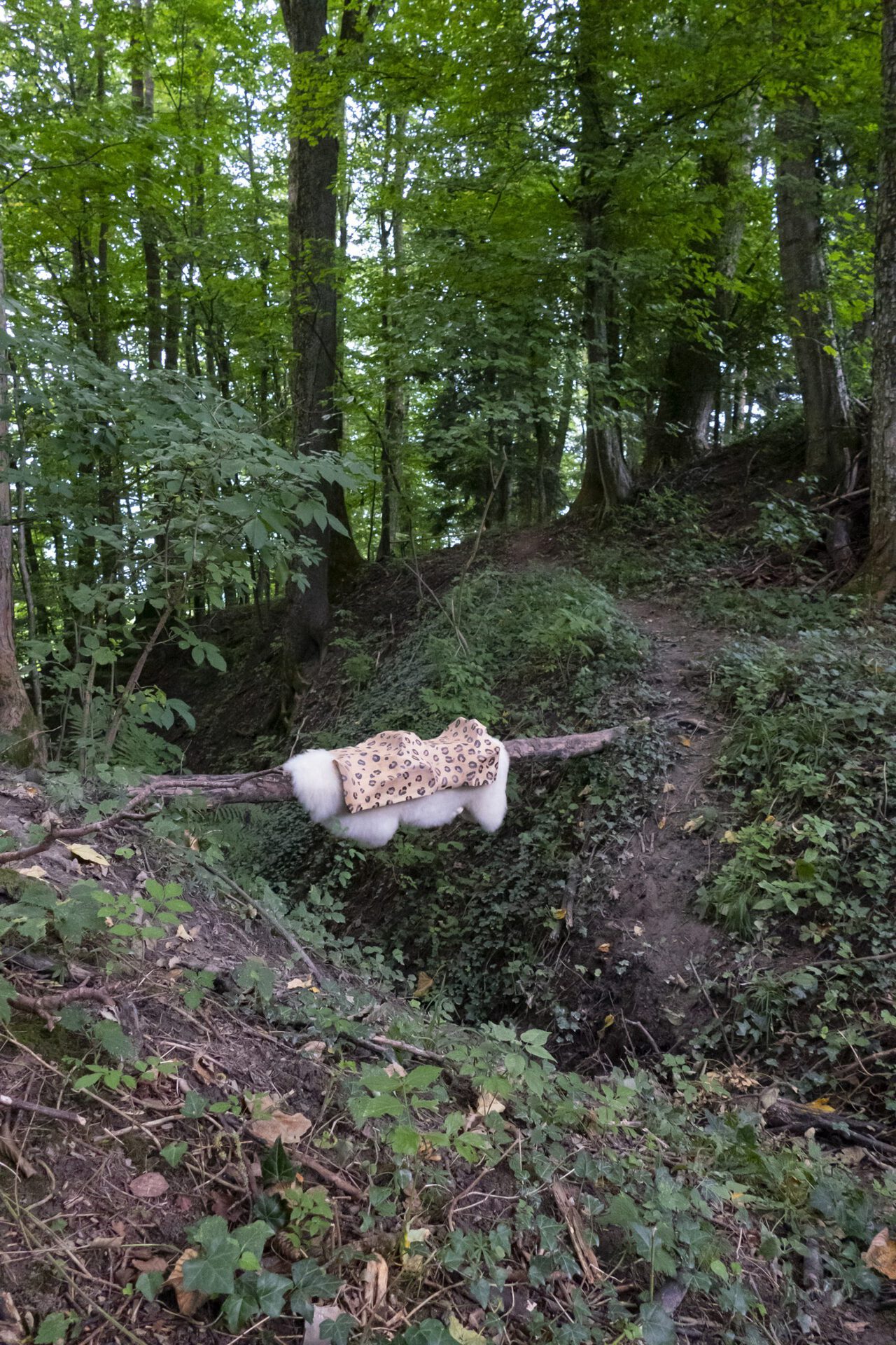 Saddle, 2020, limewood, acrylic, varnish, sheepskin rug, 50 x 122 x 52 cm