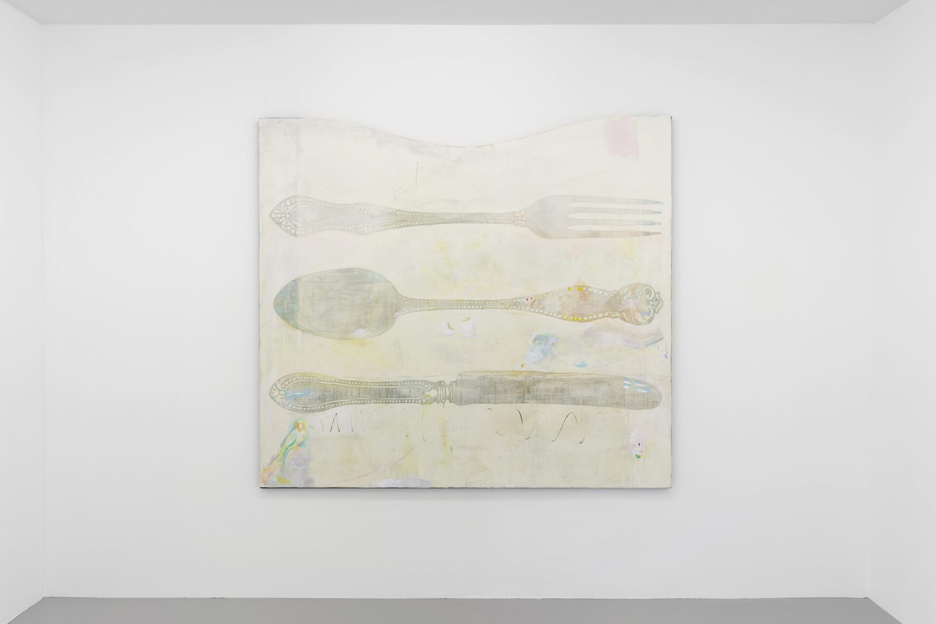 Sophie Reinhold, Wer will schon dreckiges Silber erben (Who wants to inherit dirty silver), 2020, oil on marble powder on jute, 180 x 200 cm