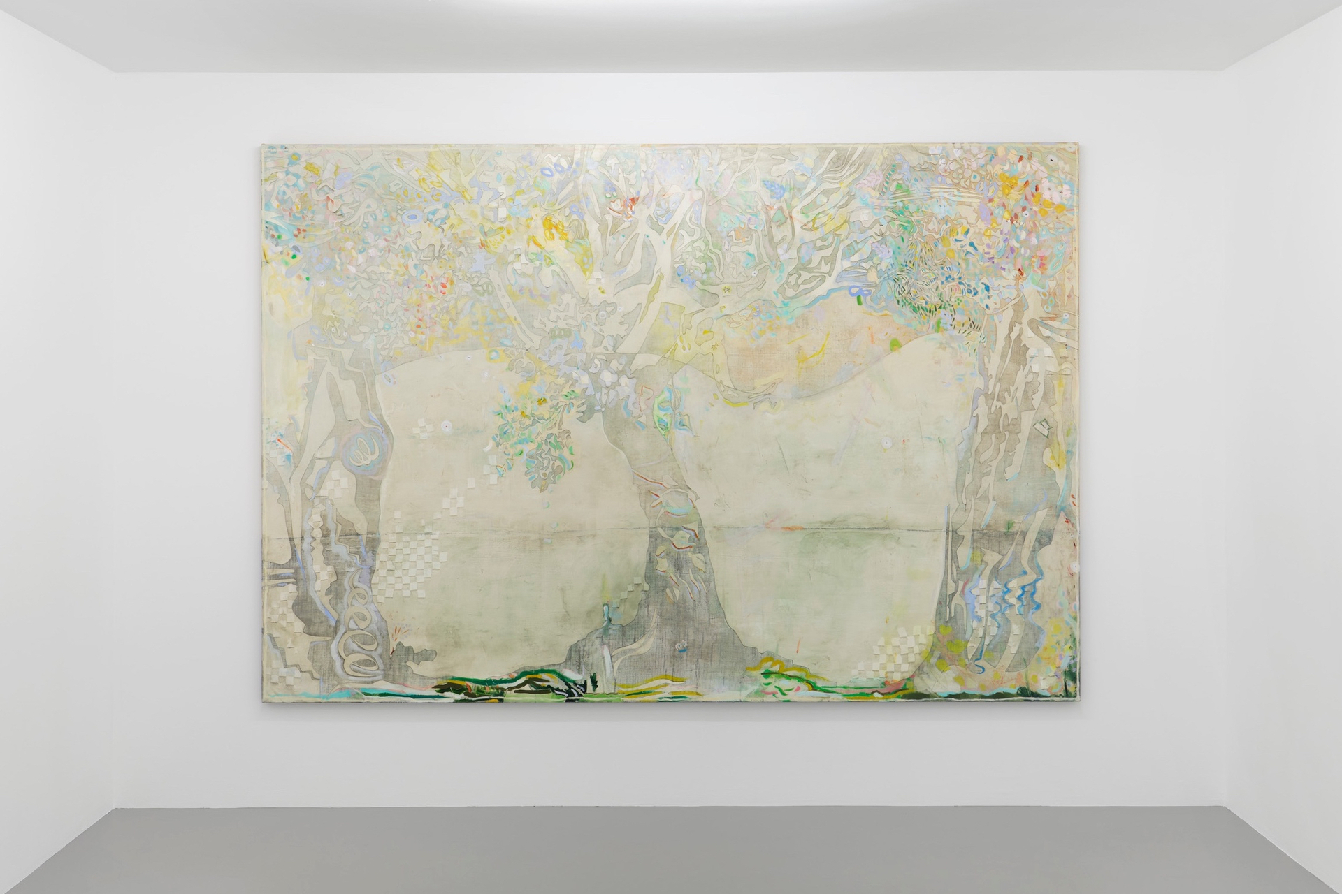 Sophie Reinhold, There is a vast forest behind the river, 2020, oil on marble powder on jute, 190 x 278 cm