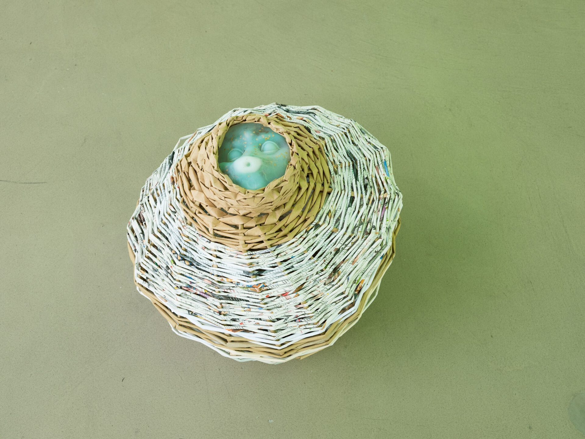 Aniara Omann, Far (Dad), 2020 Recycled toilet paper wrap, electrical and wood tools magazine, energy bills. Cast clear silicone. Bell-pepper seeds