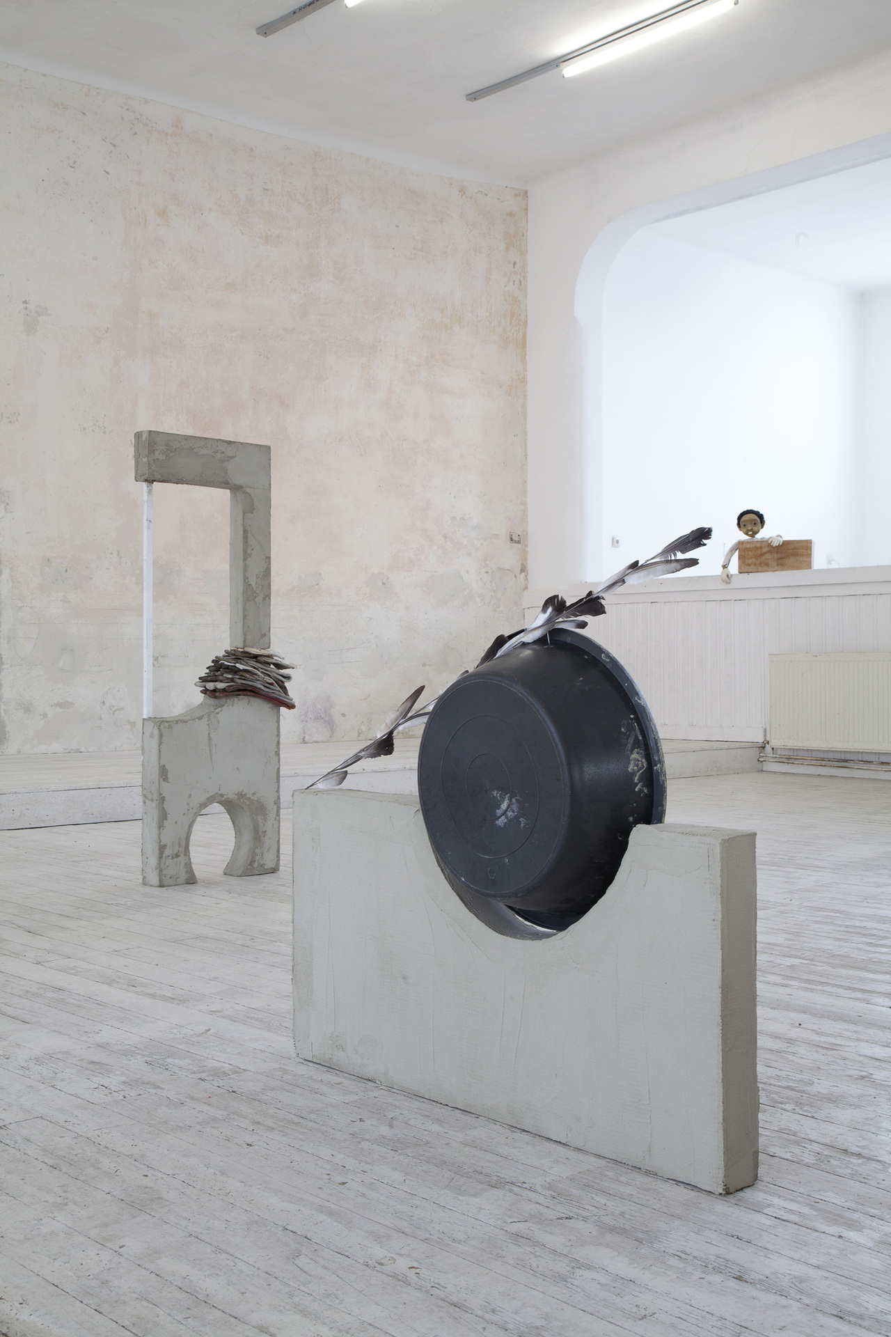 Luiza Margan, "insulate story of the speaking wall 1 & 2", 2019/2020, expanded polystyrene, mesh, cement, metal, wood, feathers, plastic bucket, leather gloves, dimensions variable