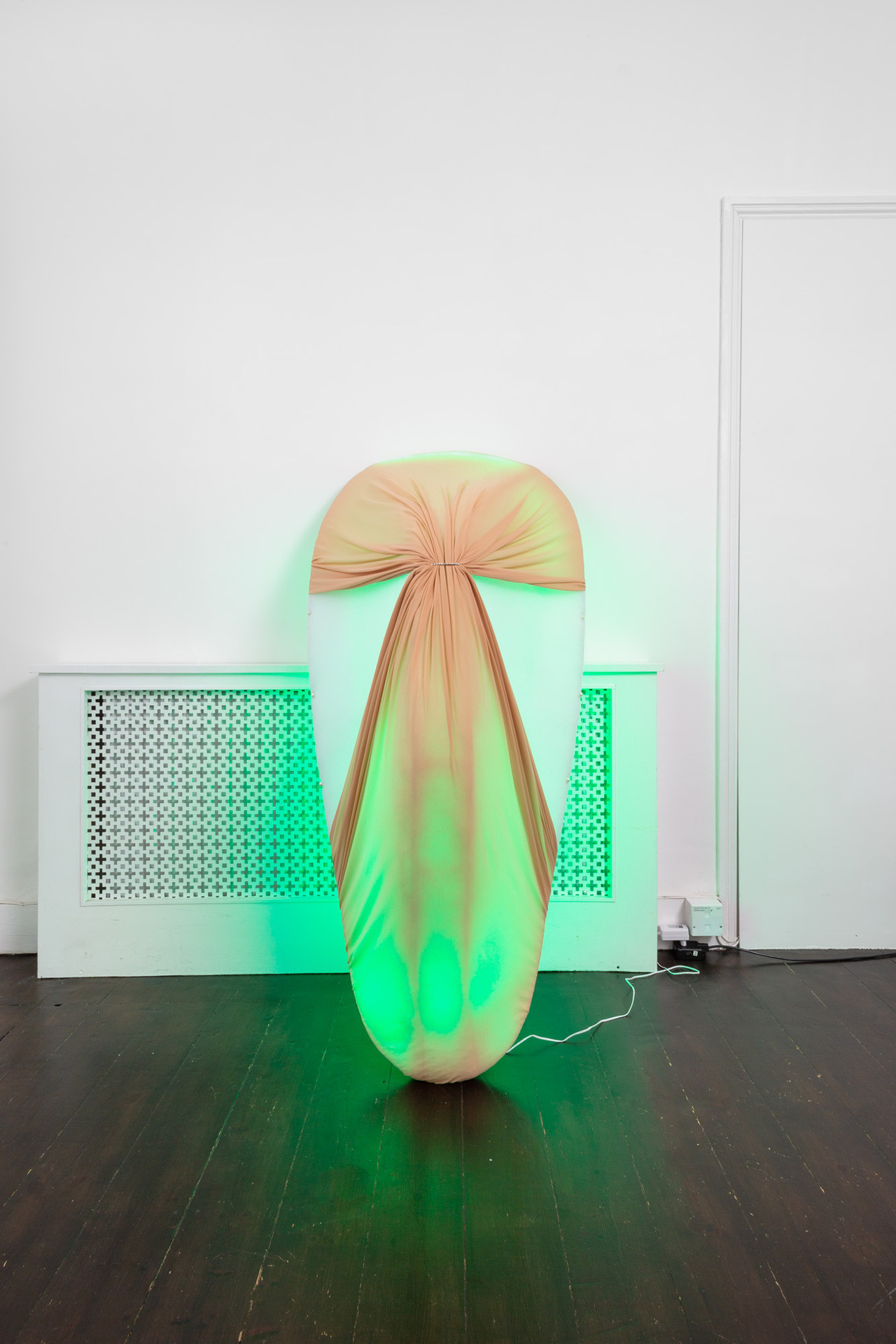 Daphne Ahlers, Quantum Cyst, 2020, fleece, bikini lining, pearls, led strip, metal, 152 x 74 x 55 cm