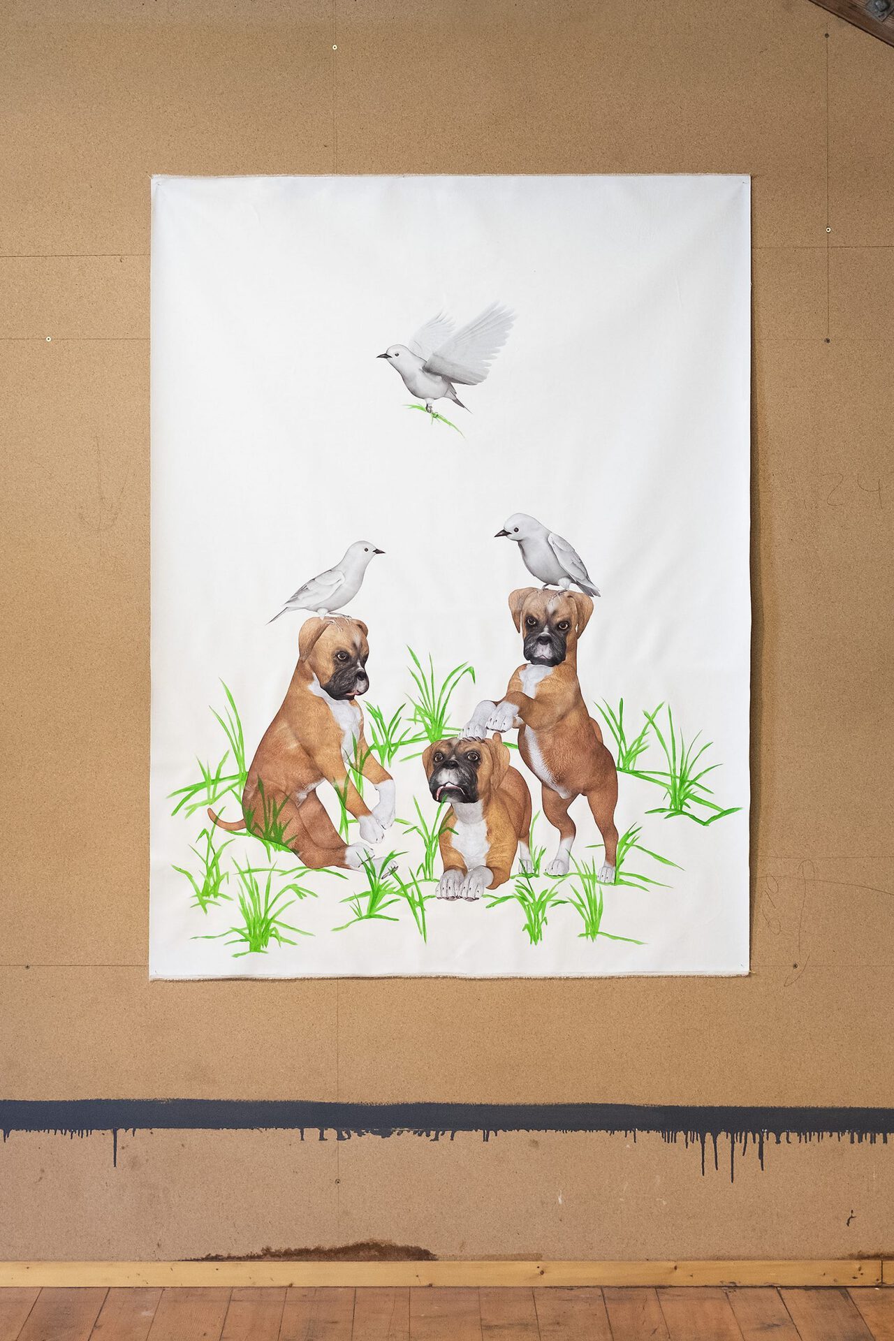 Three dogs and three birds, 2020, Oil, household gloss and stickers on canvas, 200 × 125 cm