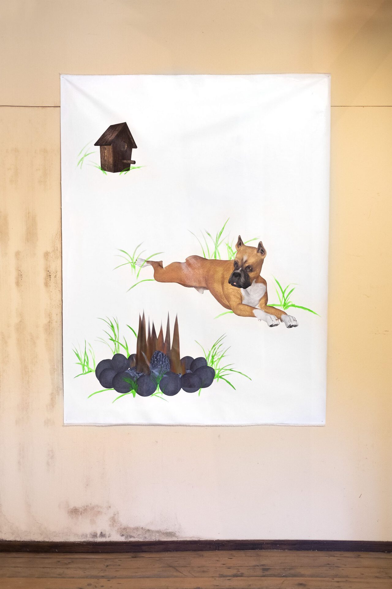 Dog and Fire, 2020, Oil, household gloss and stickers on canvas, 200 × 125 cm