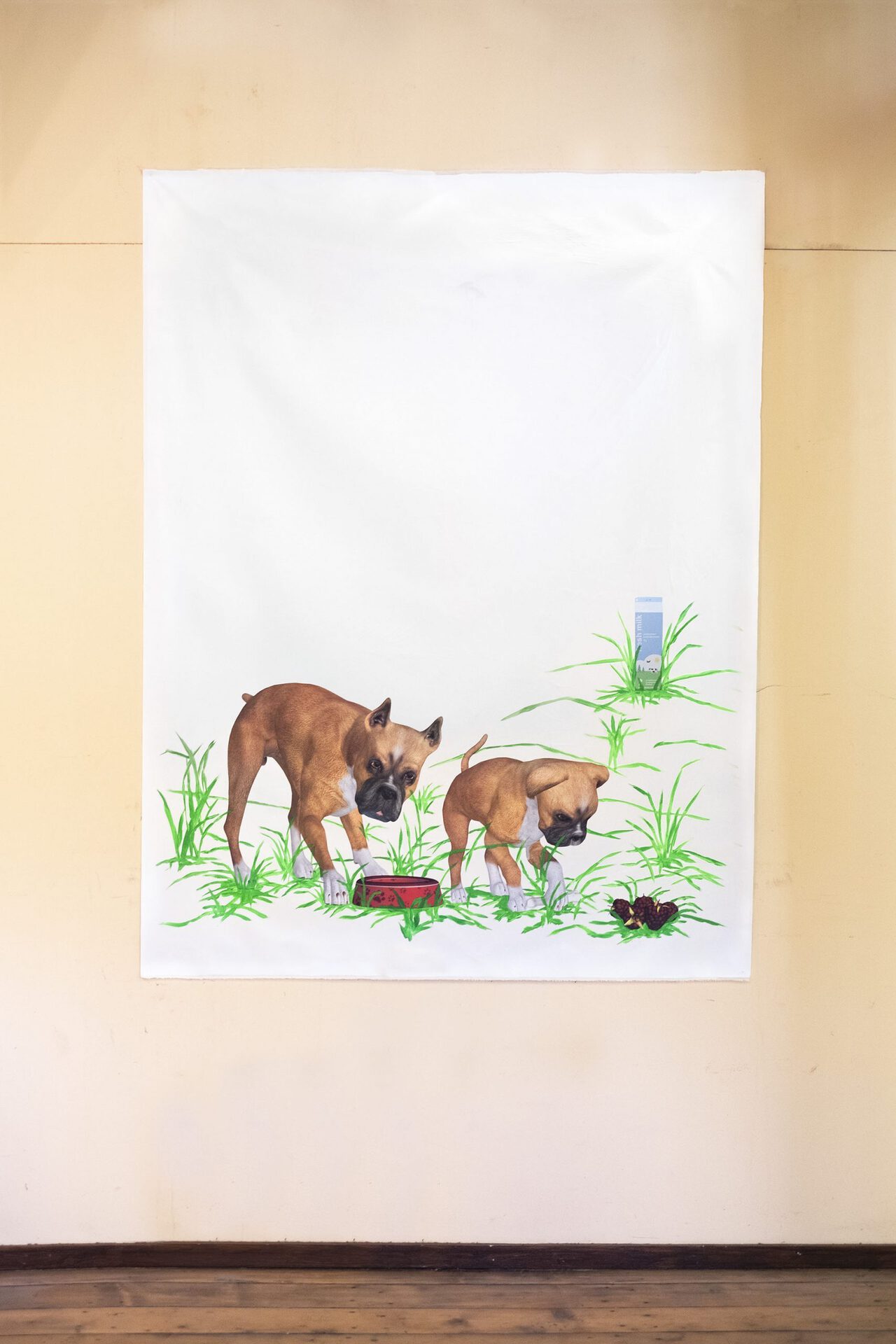 Two dogs eating, 2020, Oil, household gloss and stickers on canvas, 200 × 125 cm