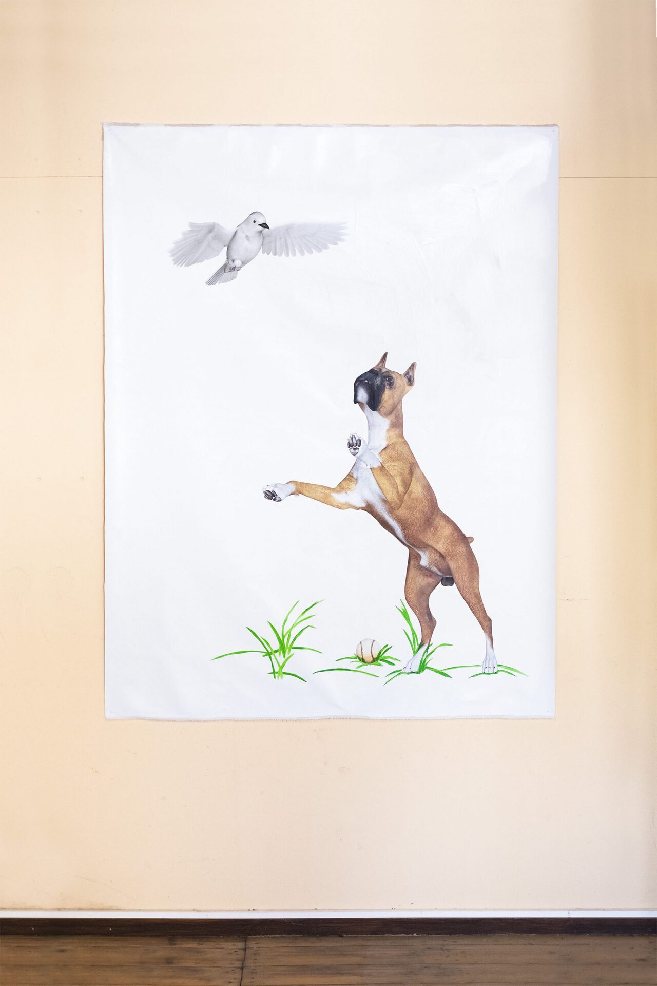 Dog and bird, 2020, Oil, household gloss and stickers on canvas, 200 × 125 cm