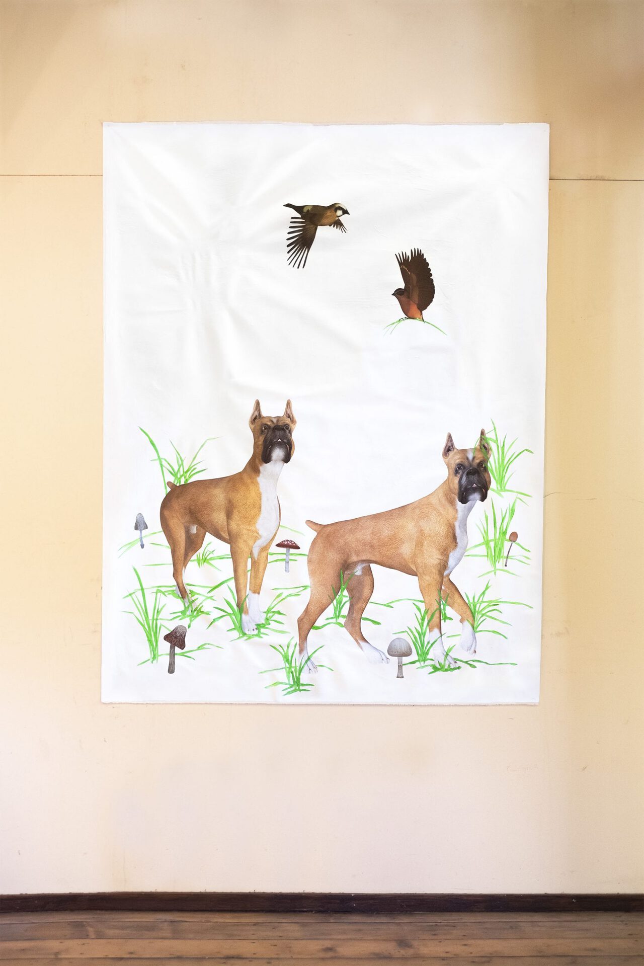Two dogs and two birds, 2020, Oil, household gloss and stickers on canvas, 200 × 125 cm