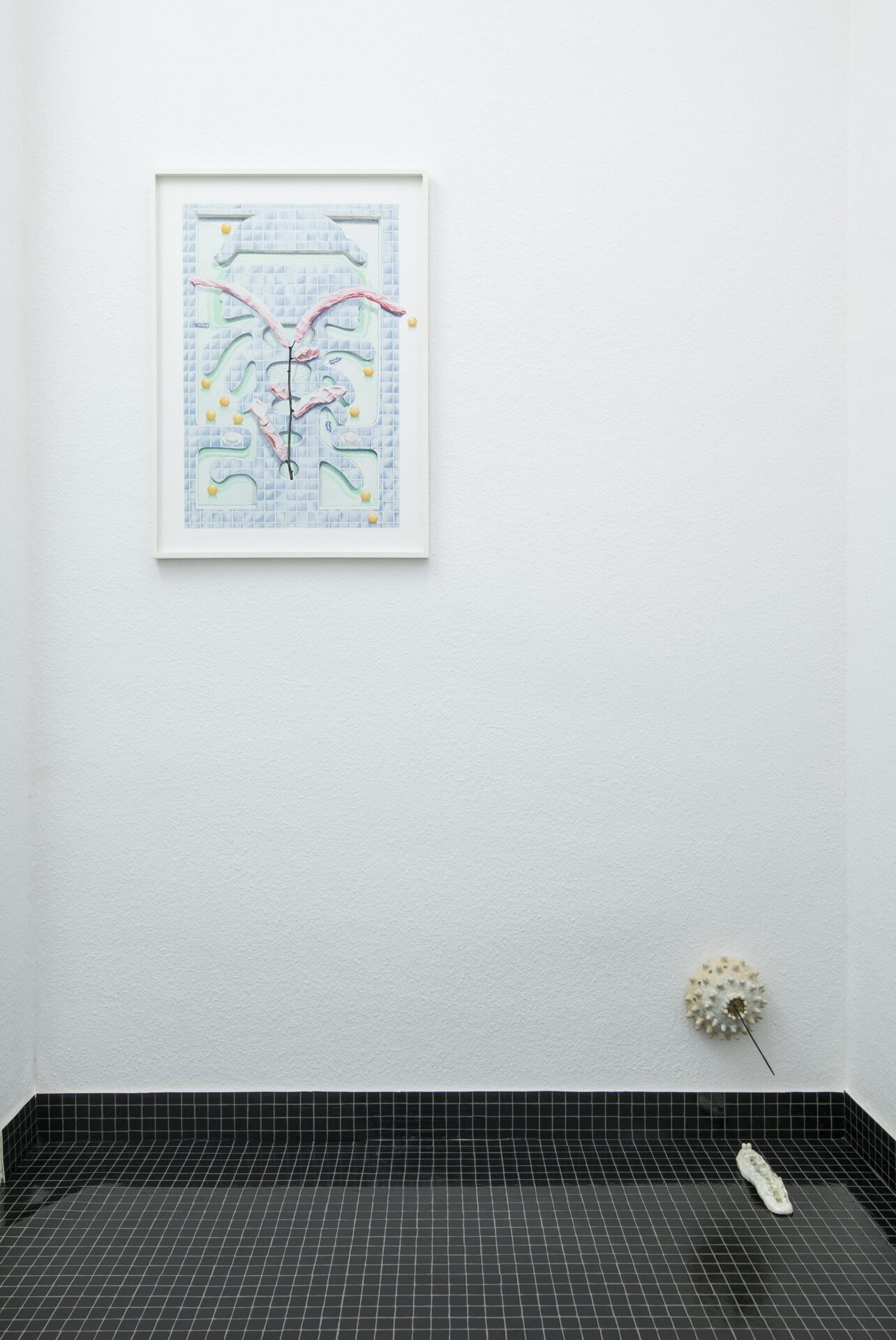 Ellande Jaureguiberry, Bliss X, 2020, color pencils on paper, 50x70cm (19.6x 27.5 inches), The den, 2020, glazed clay, 14x9cm (5.5x3.5 inches) / 19x5.5x3cm