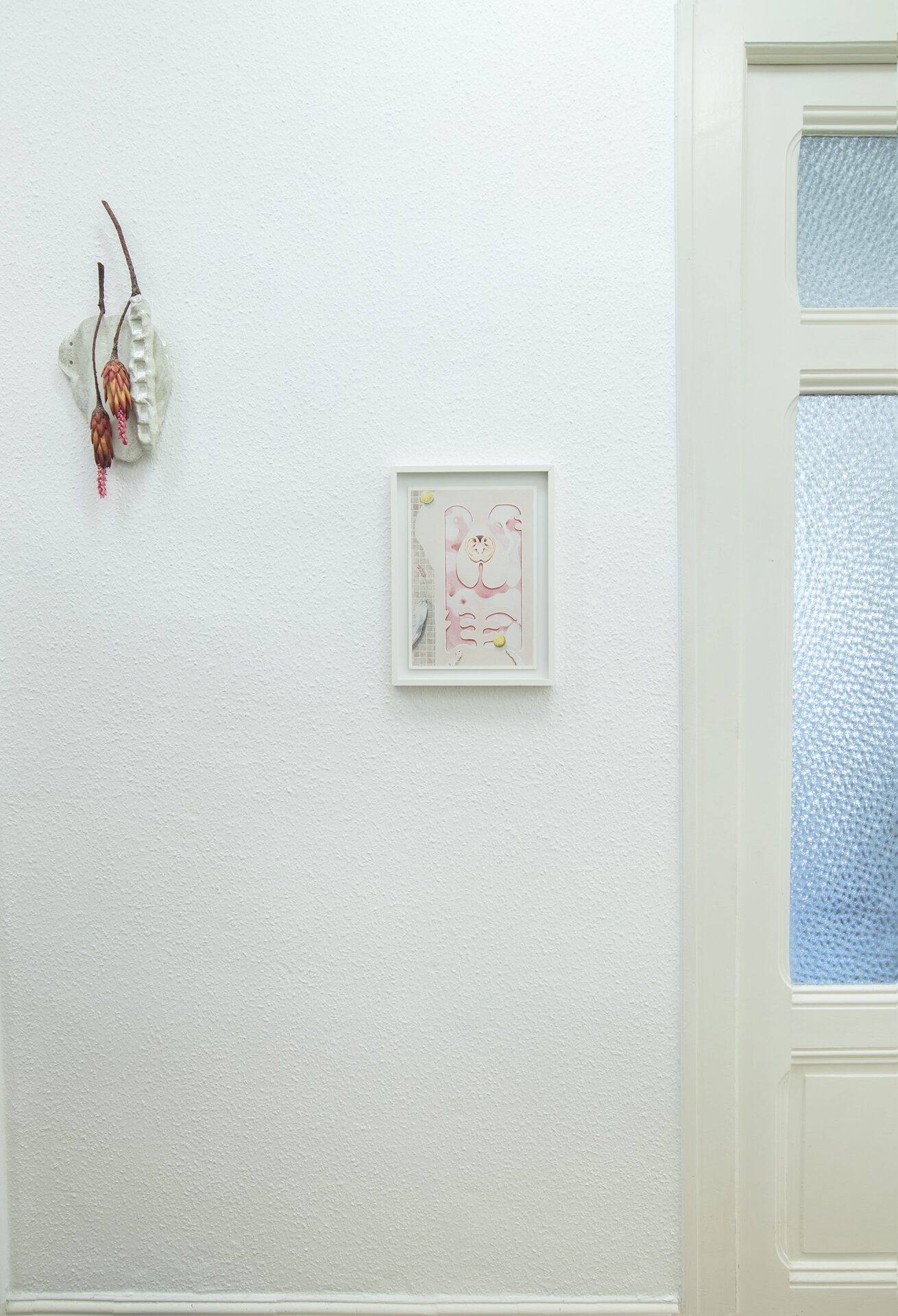 Ellande Jaureguiberry, Bliss VII, 2020, color pencils on paper, 21x30cm (8.2x11.8 inches), Jean-Baptiste, 2020, glazed ceramic, earring, dry flower, 49x20x4.5 (19.2x2x7.8x1.6 inches)