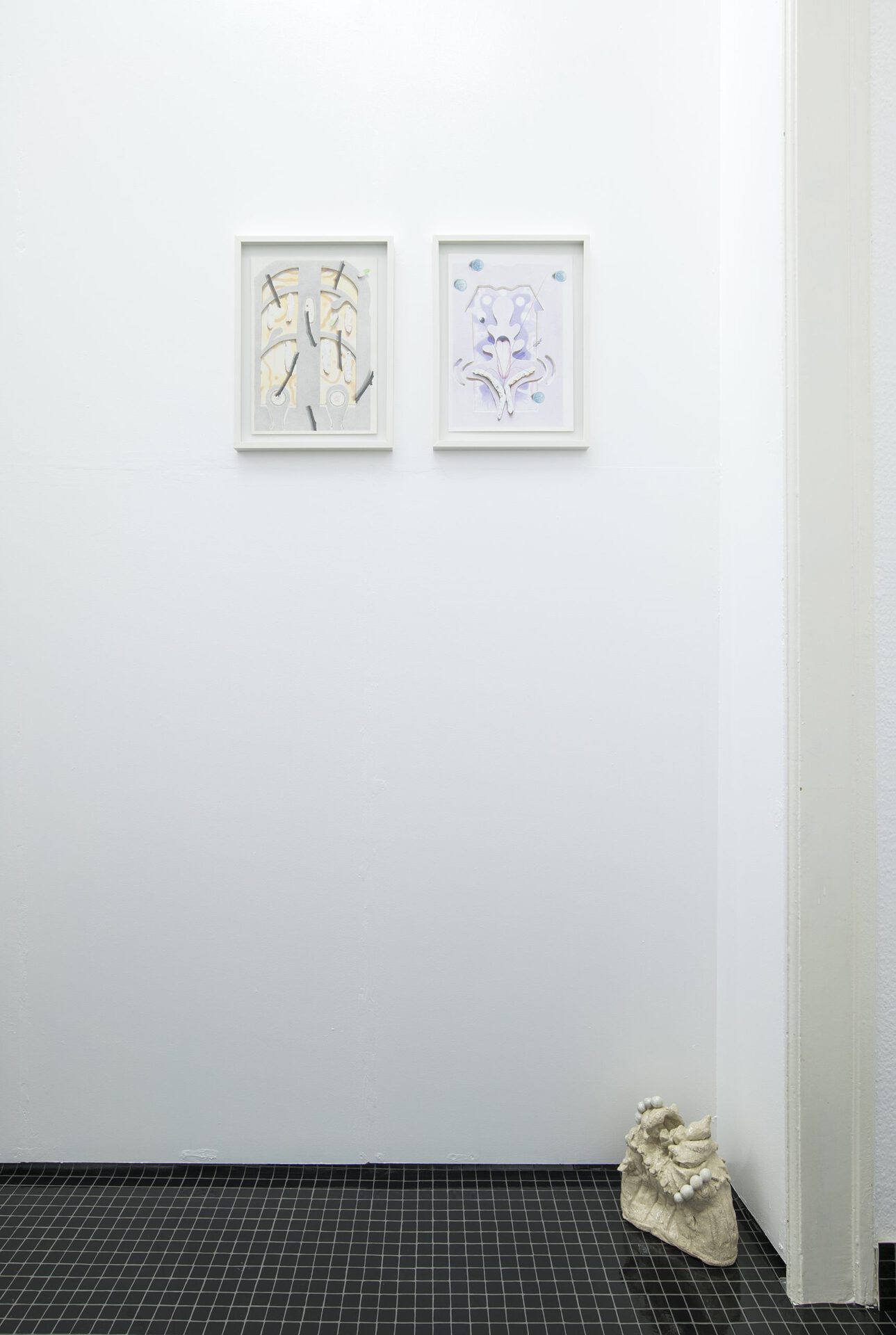 Ellande Jaureguiberry, Bliss III & Bliss II, 2020, color pencils on paper, 21x30cm (8.2x11.8 inches), The small juggler I, 2020, glazed clay, 20x19x 7.5cm (7.8x4.4x2.7 inches)