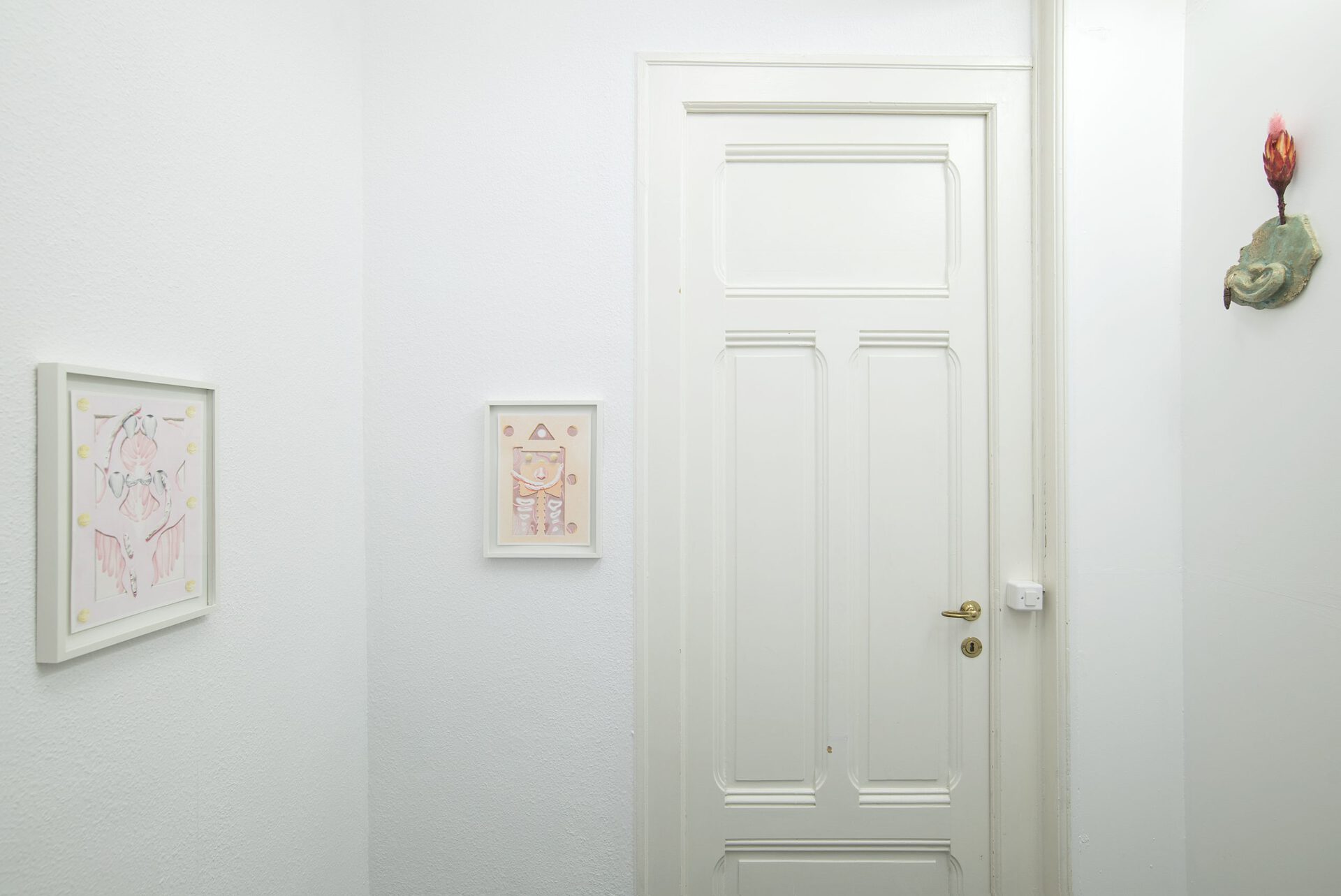 Ellande Jaureguiberry, Bliss V and VI, 2020, color pencils on paper, 21x30cm (8.2x11.8 inches), Michel, 2020, glazed clay, earring, dry flower, 37x18x5cm (14.5x7x2 inches)