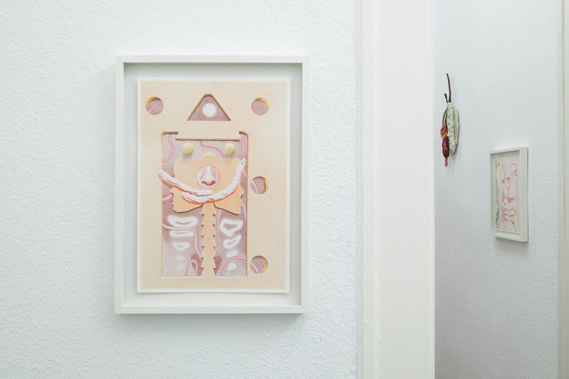 Ellande Jaureguiberry, Bliss VI and VII, 2020, color pencils on paper, 21x30cm (8.2x11.8 inches), Jean-Baptiste, 2020, glazed ceramic, earring, dry flower, 49x20x4.5 (19.2x2x7.8x1.6 inches)