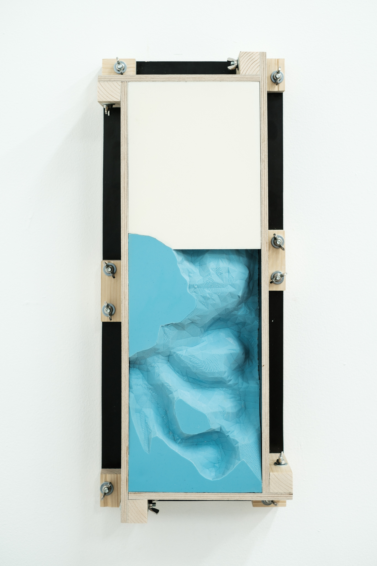 David Haack Monberg, Icons Made Without Hands [.GCODE .STL .RCP .ZIP .JPG .ETC], 2019, silicone, plywood, digital artefact reliefs, series of 6, 60 x 25 x 10 cm