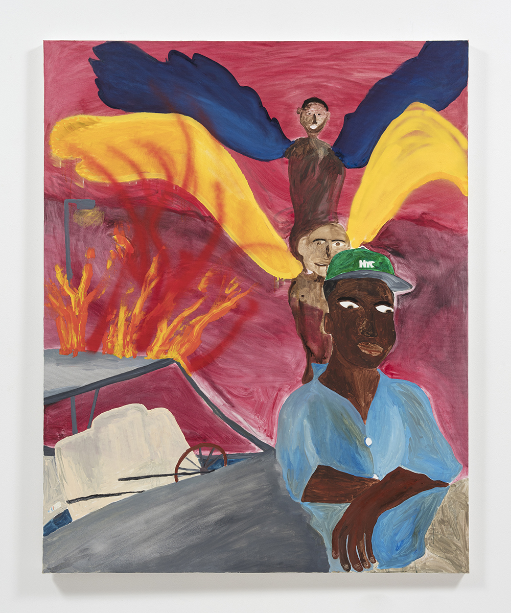 Marcus Leslie Singleton. Wire Winged Saint, 2020. Oil and spray paint on canvas, 60 x 48 inches (152.4 x 121.9 cm)