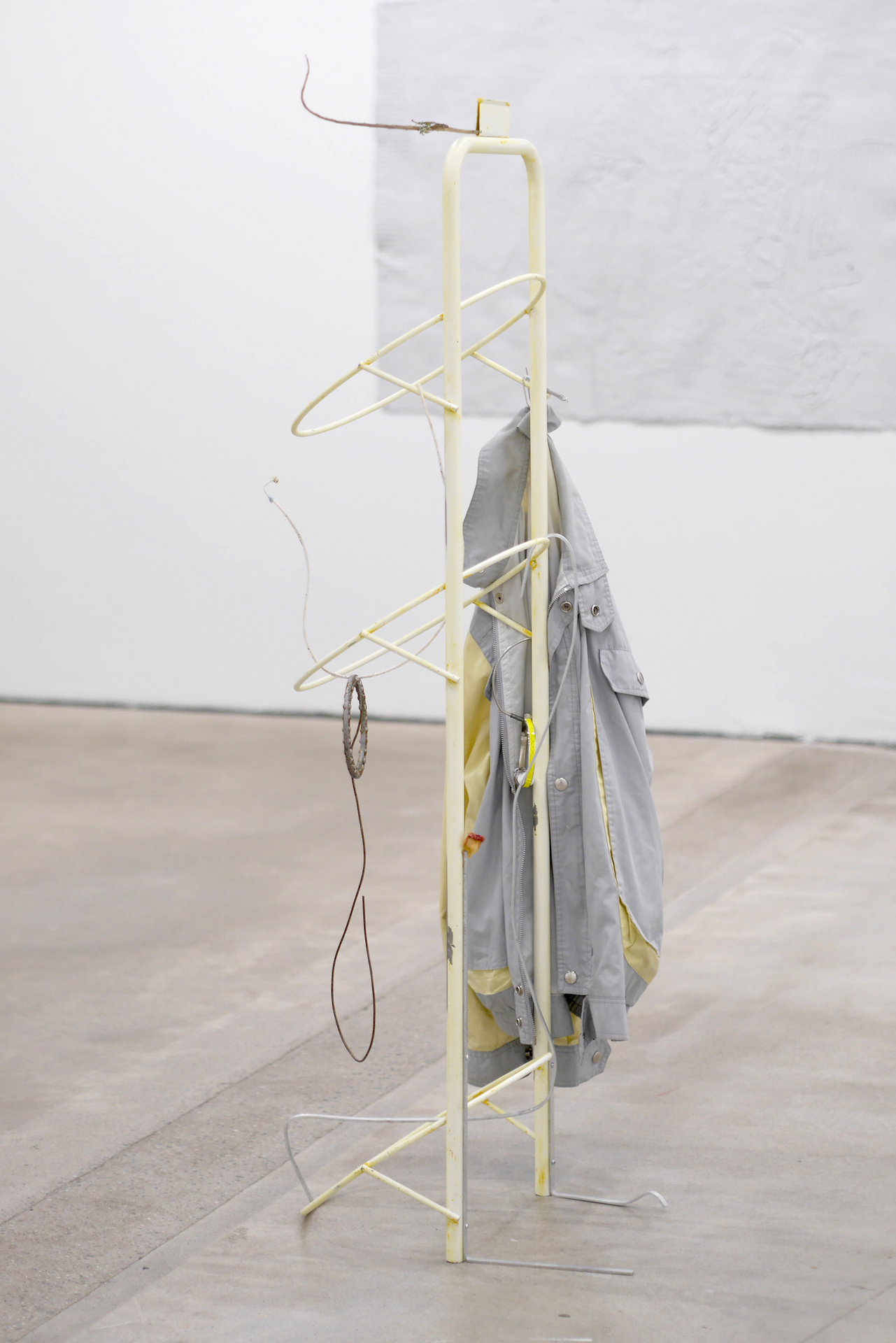 Stand byes and farewells (Our brilliant friend) 2020, powder-coated steel (sanded), aluminum, jacket, flowers, paper-pulp, ring, ball bearings, steel