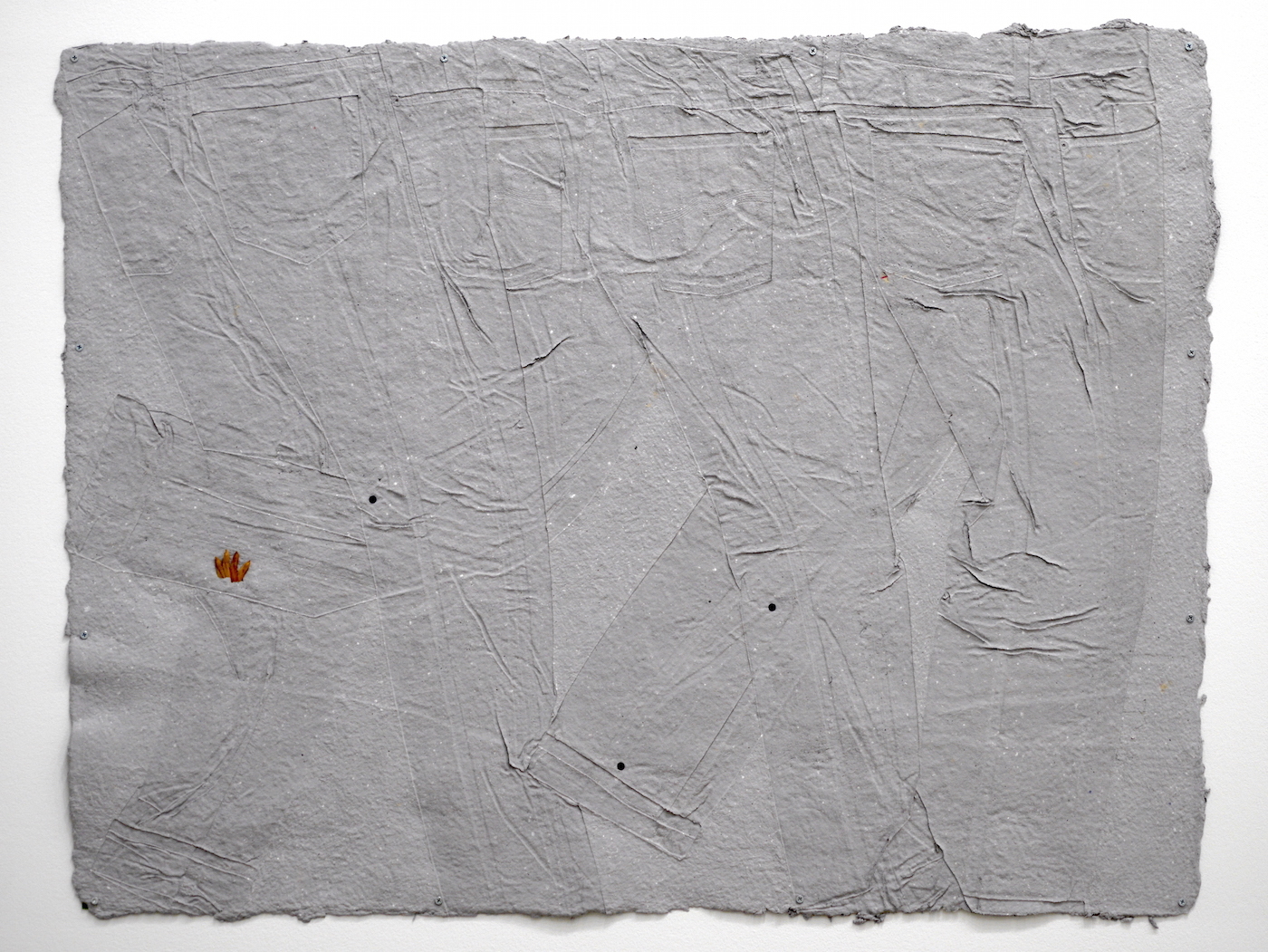 Today was too windy for any thought to stick by, but too calm for a brainstorm 2020, series of six paper-pulp casts, (pulp made with test prints from Paste of Time, 2020, Rooftop Press riso-publication), ink, PET strap, miscellaneous elements, 120 x 90 cm