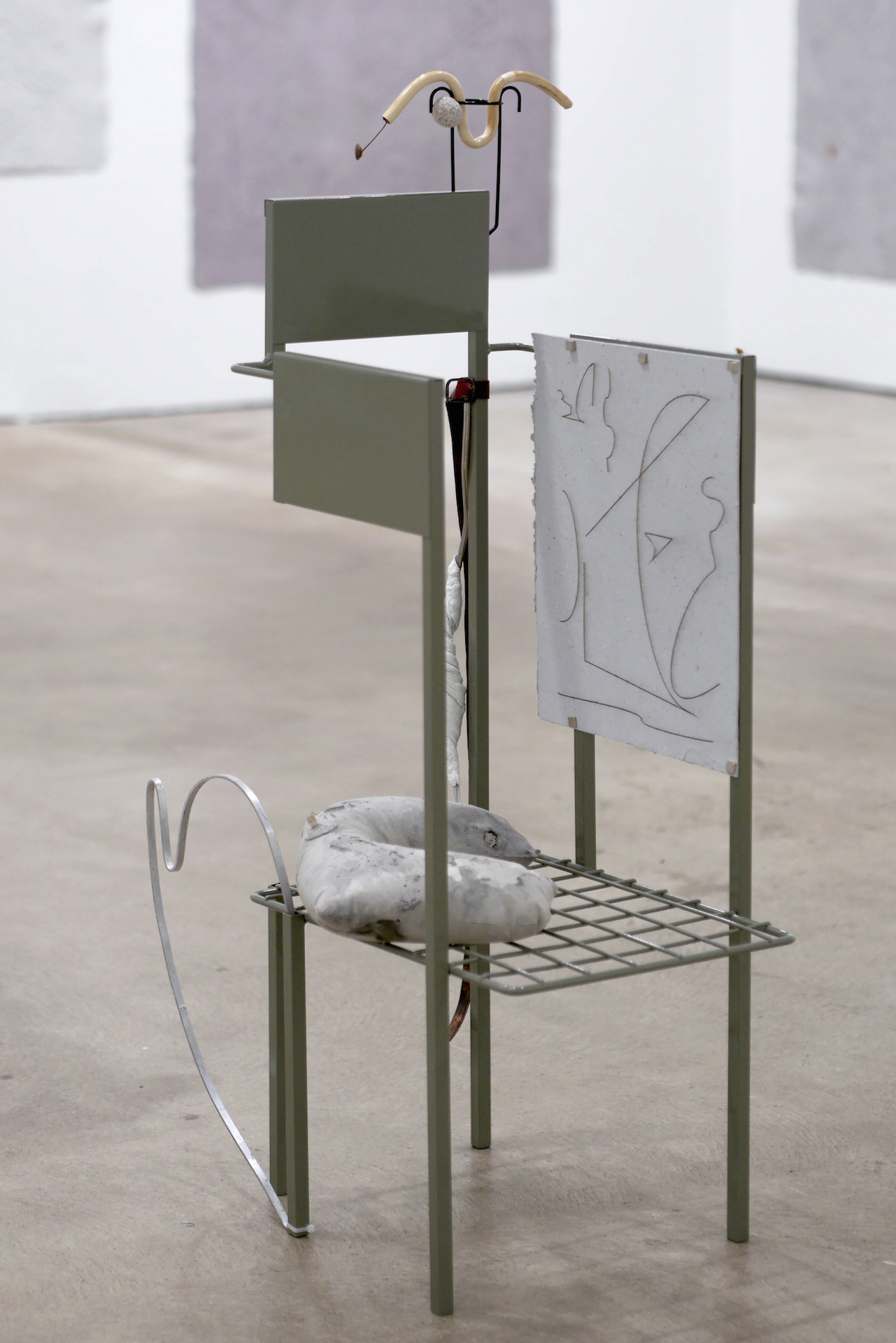 Stand byes and farewells (Geometric Attraction Welcome Mood, Chill) 2020, powder-coated steel, aluminum, belt, laser engraved handmade paper, magnets, concrete cast, miscellaneous elements