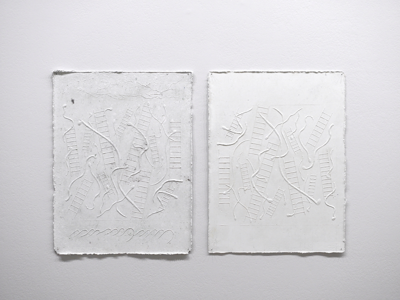 Conclusion Coincidence (snakes and ladders) 2020, paper-pulp cast (made with test prints from Paste of Time, 2020, Rooftop Press riso-publication), PET strap, diptych, 60 x 45 cm each