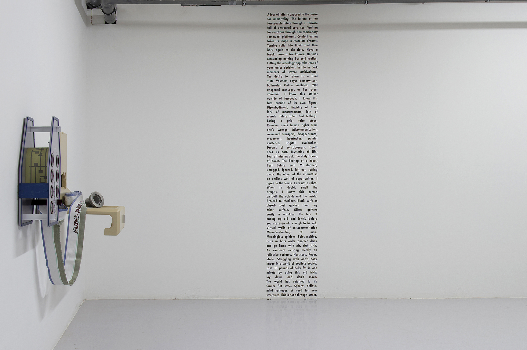 Magali Reus, Sentinel (Bow and Shoulder), 2018, sprayed fibreglass and polyester resin, pigments, air brushed aluminium, embroidered custom weave viscose, polyester and cotton, sand cast aluminium, laser engraved leather, cotton twine, powder coated aluminium; Hanne Lippard, Good to talk, 2011, vinyl