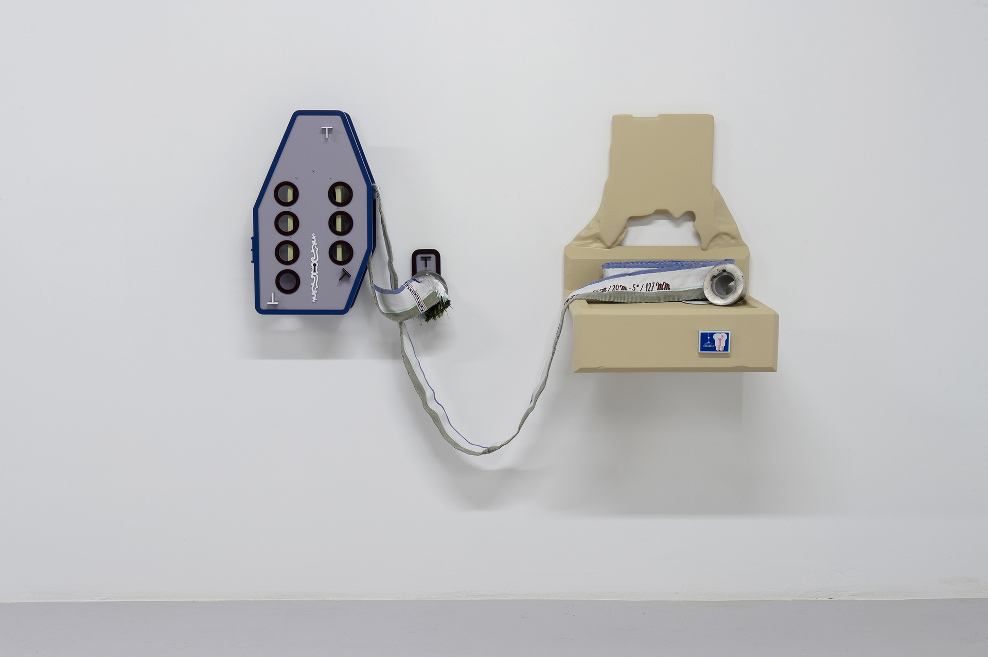 Magali Reus, Sentinel (Bow and Shoulder), 2018, Sprayed fibreglass and polyester resin, pigments, air brushed aluminium, embroidered custom weave viscose, polyester and cotton, sand cast aluminium, laser engraved leather, cotton twine, powder coated aluminium