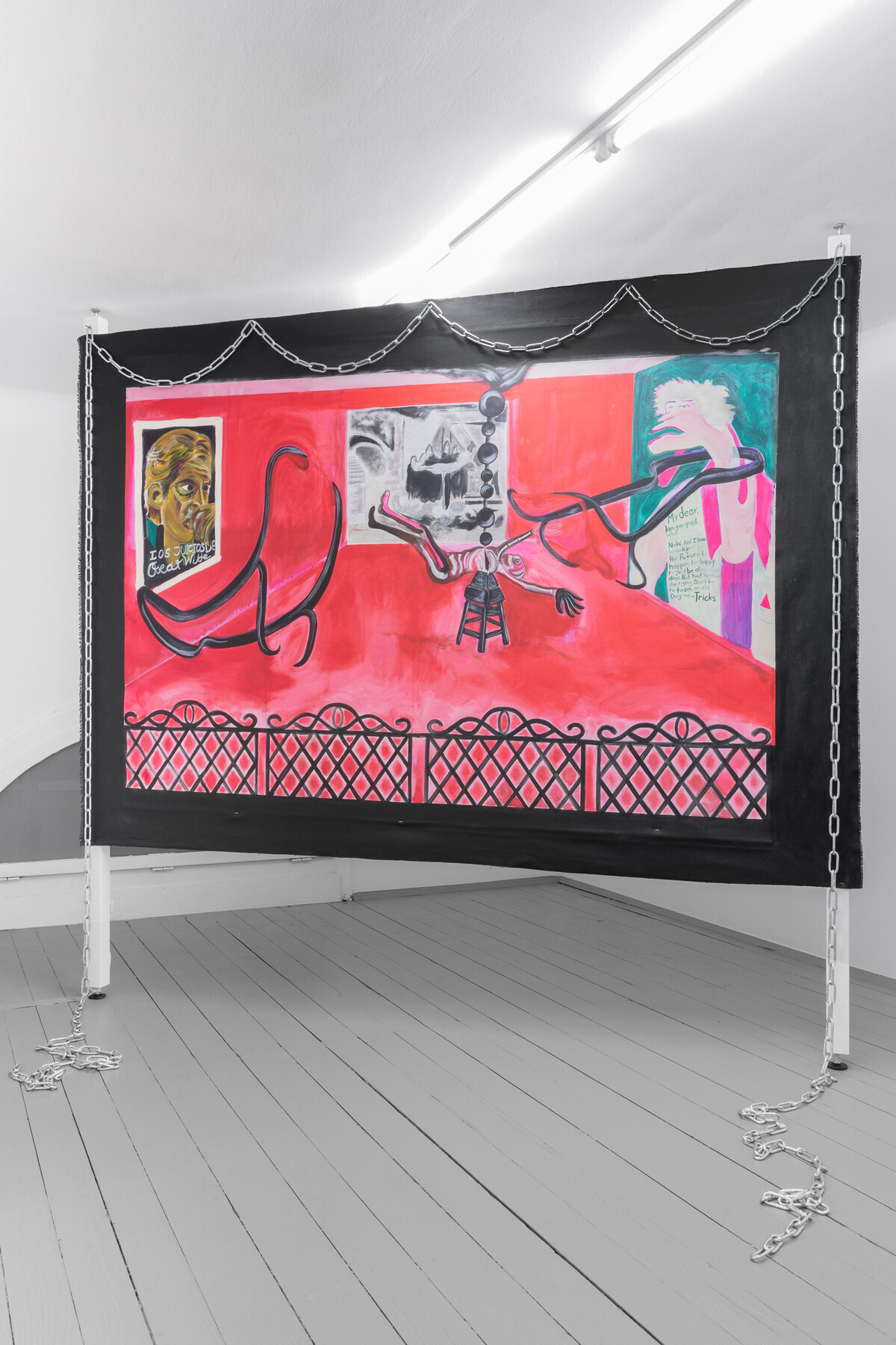 Nicholas Grafia: The Trial Lounge, 2020. Acrylic and graphite on canvas, metal chain, 130x 200 cm