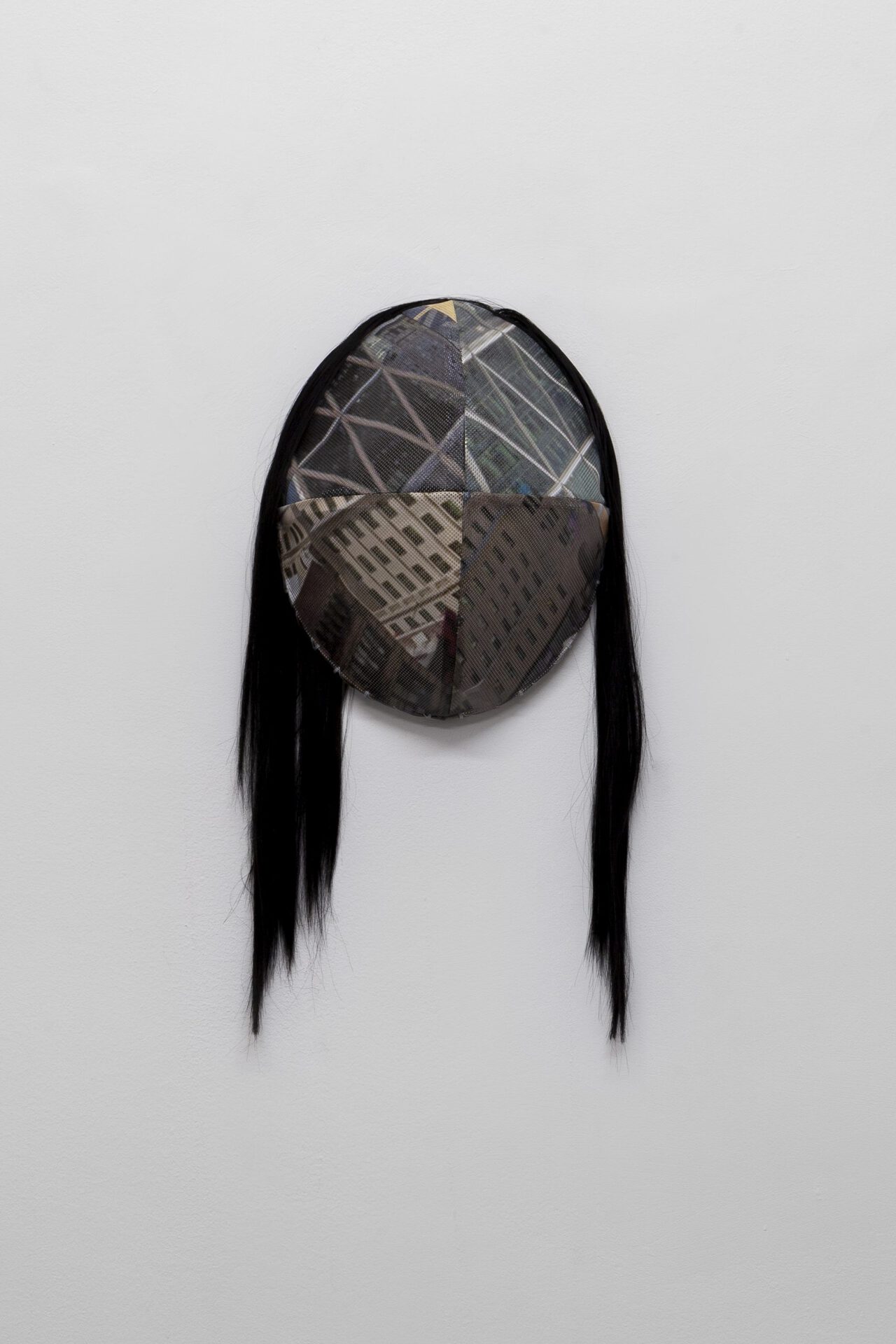 Jasmin Werner, Façadomy (Hearst Tower, New York ), 2020, printed mesh fencing, aluminium, zip ties, thread, synthetic hair, 32cm x 20cm x 58cm