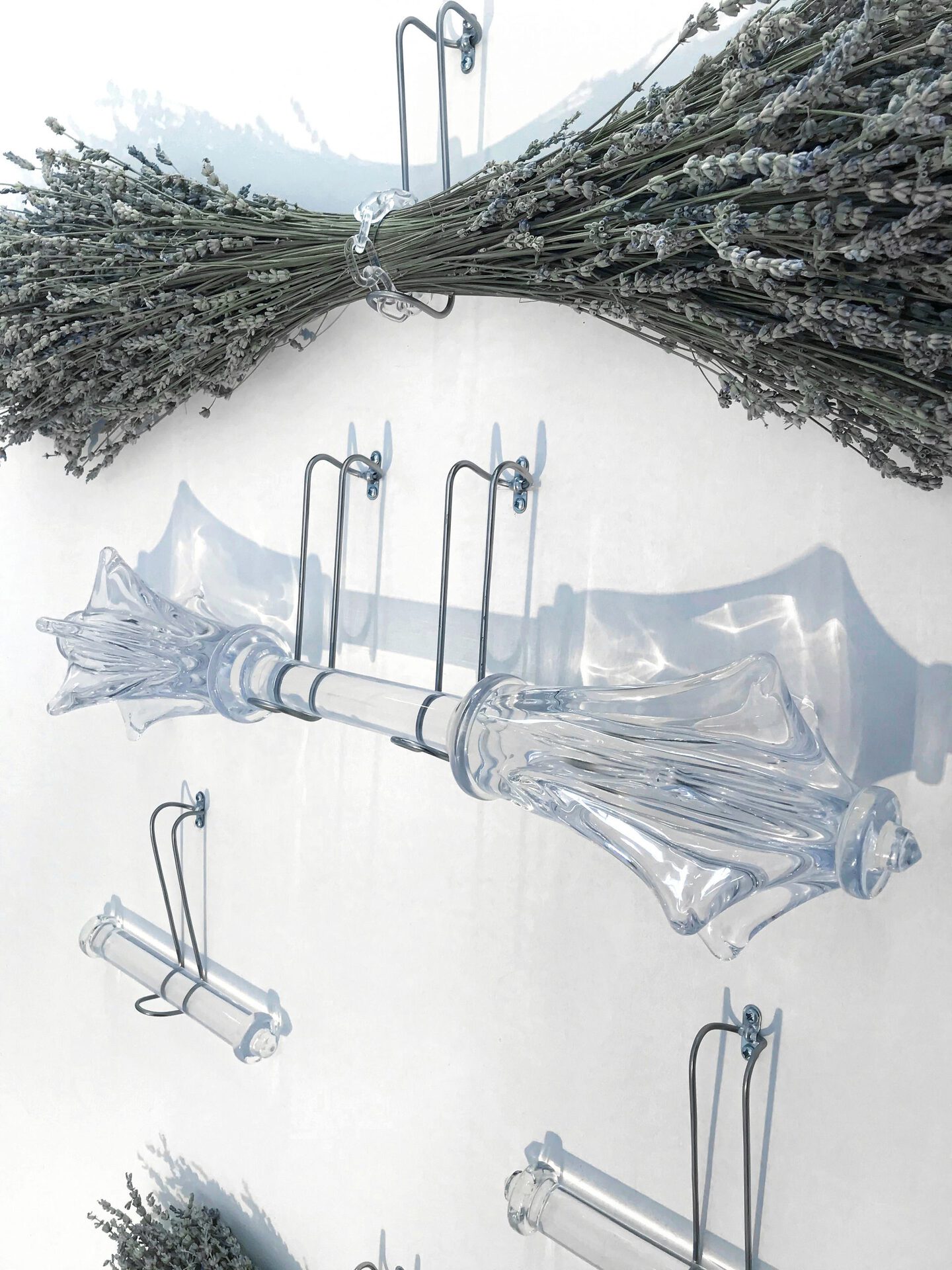 Floryan Varennes, Panoplie (details), 2020,  Medical flesh retractors, lavender aspic (Lavendula latifolia), glass dumbbell, glass tubes, acrylic chains, 190 x 150 cm