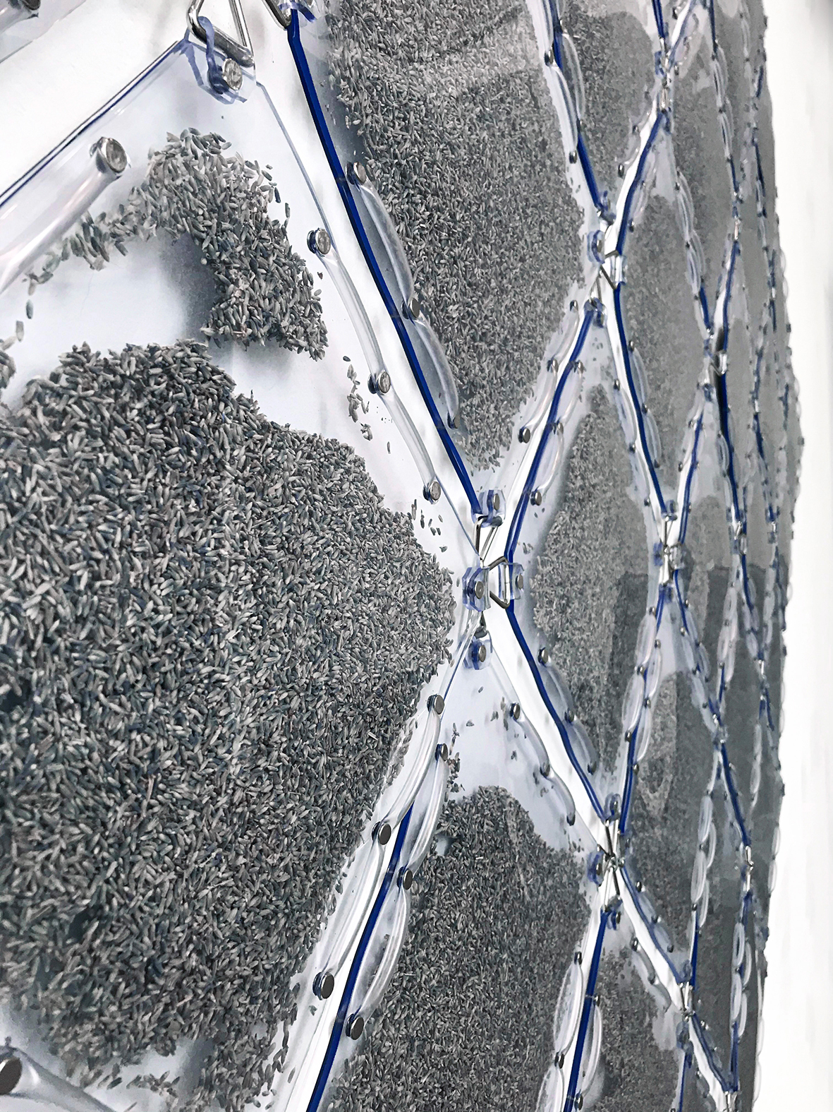 Floryan Varennes, Prophylaxie (details), 2020,  Medical PVC, rivets, medical tubing, Lavender Aspic (Lavendula latifolia) triangular hook, 330 x 330 cm