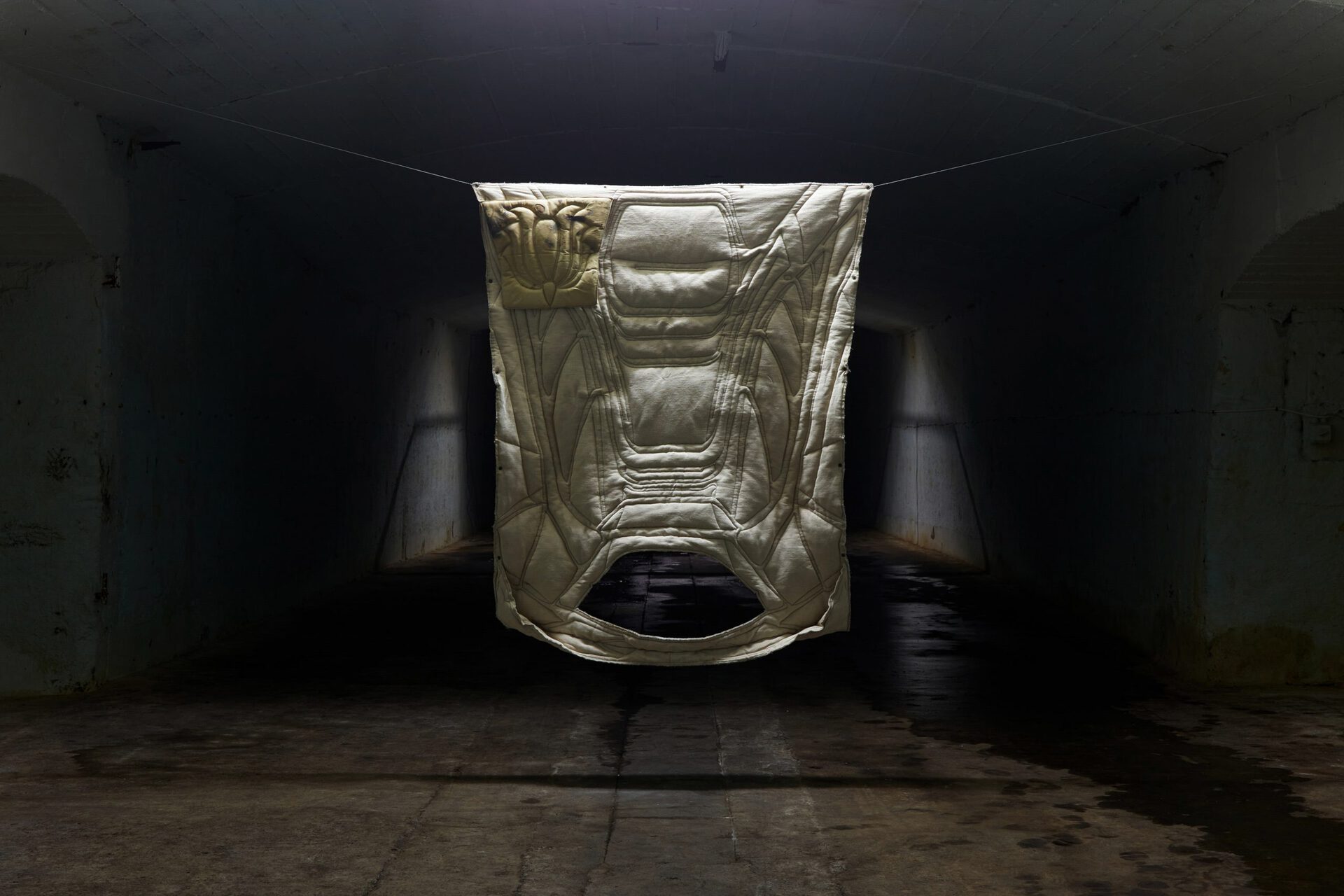 Adrian Kiss, DUNYHA ACTIVE, 2020, Quilted leather and linen with fleece lining, 200 x 140 x 3 cm