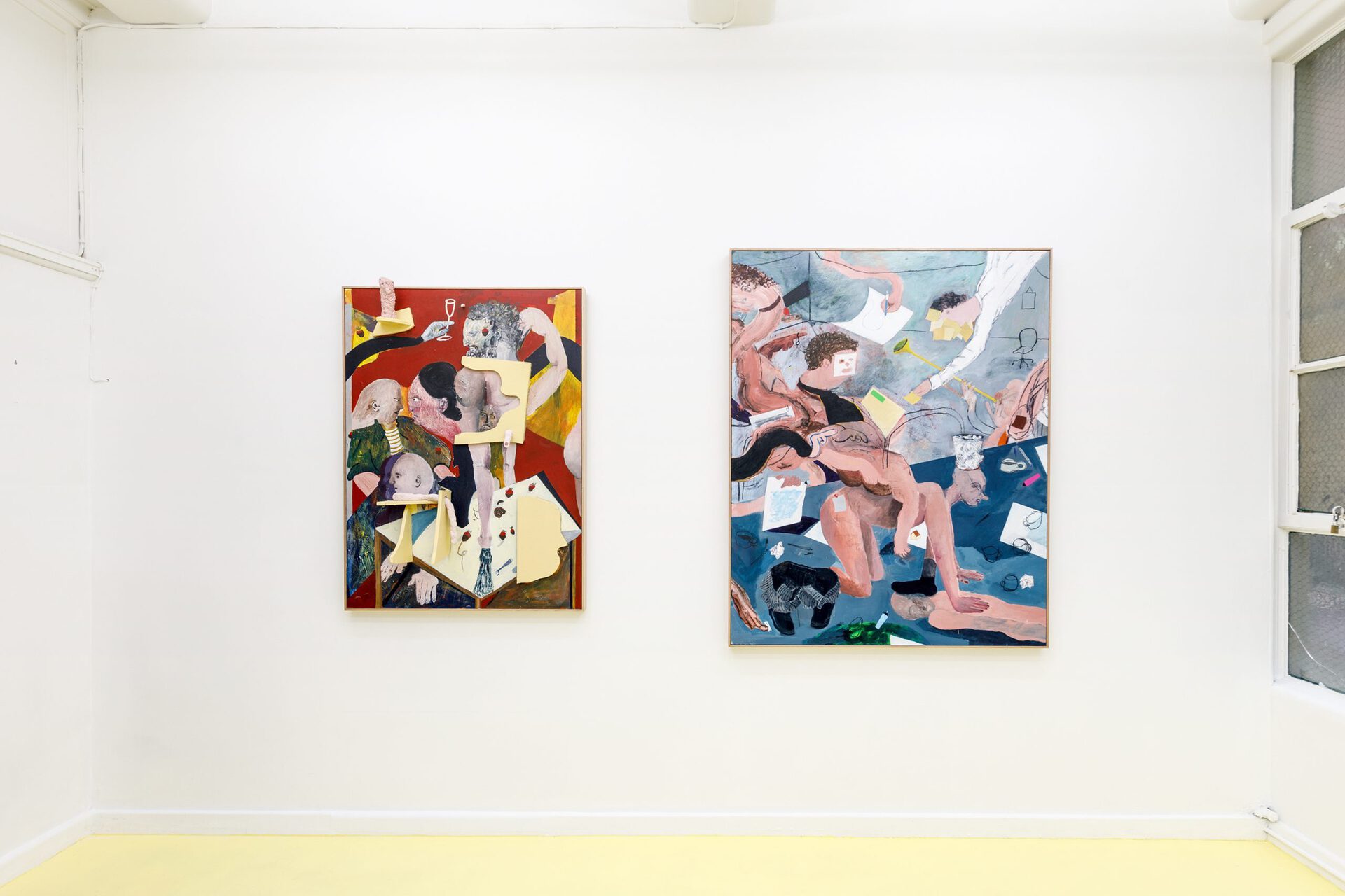 Nick Modrzewski, From left to right: A Landlord's Right of Entry, 2020, Acrylic, charcoal, wood, paper-mache and plaster on board, 89.9 x 121.6 cm and Ceremony at the Land Titles Office, 2020, Acrylic and charcoal on board, 120 x 150 cm