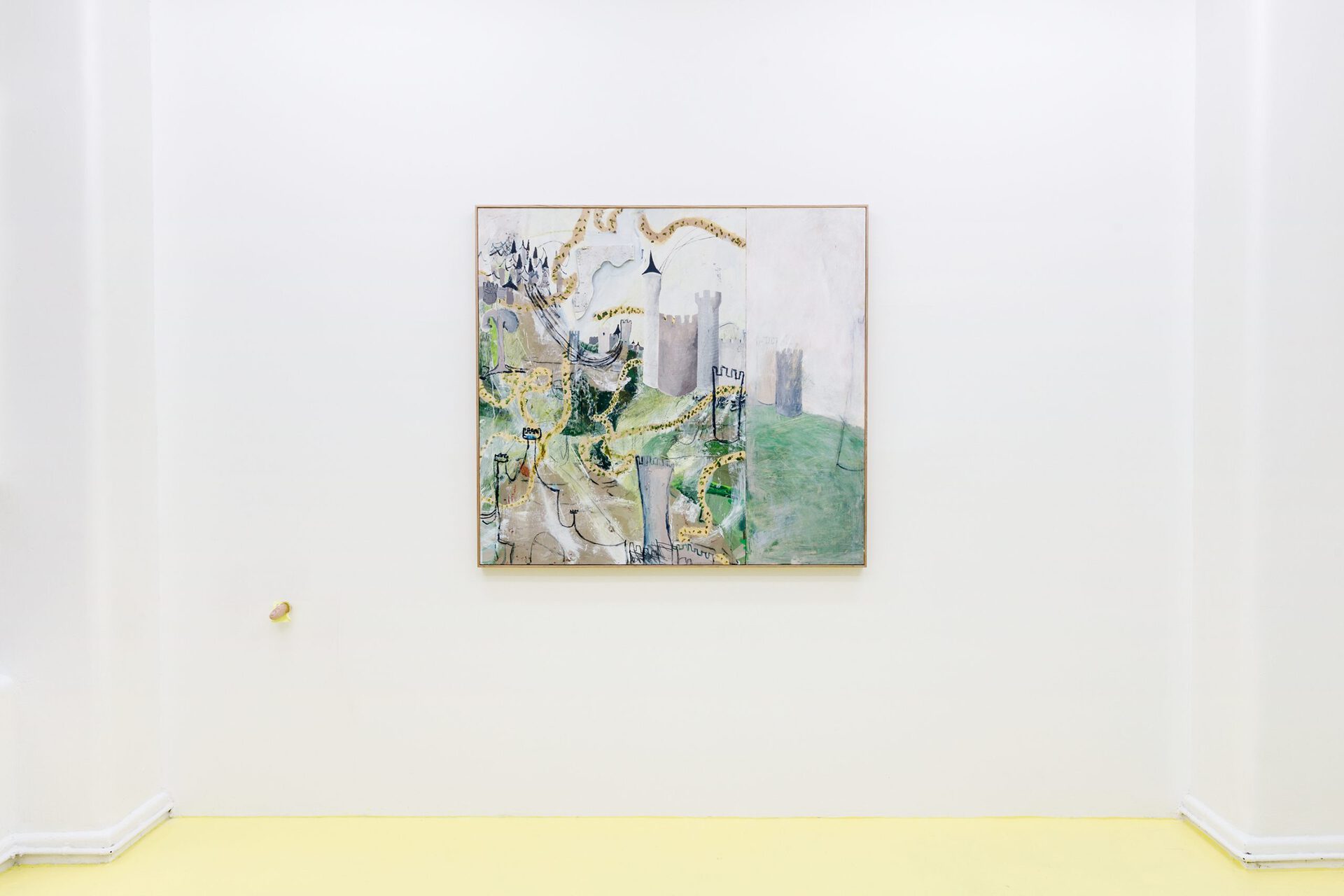 Nick Modrzewski, A Short History of Land Ownership, 2020, Acrylic, charcoal, canvas and wood on board, 120 x 130 cm