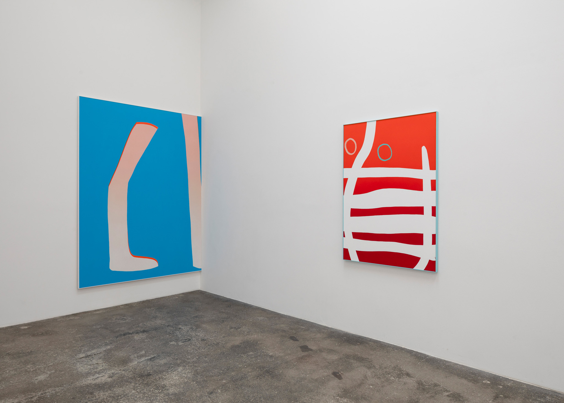 Cornelia Baltes, installation view, Yeb, acrylic on canvas, 140 x 100 x 3 cm; Yee, acrylic on canvas, 230 x 170 x 3 cm