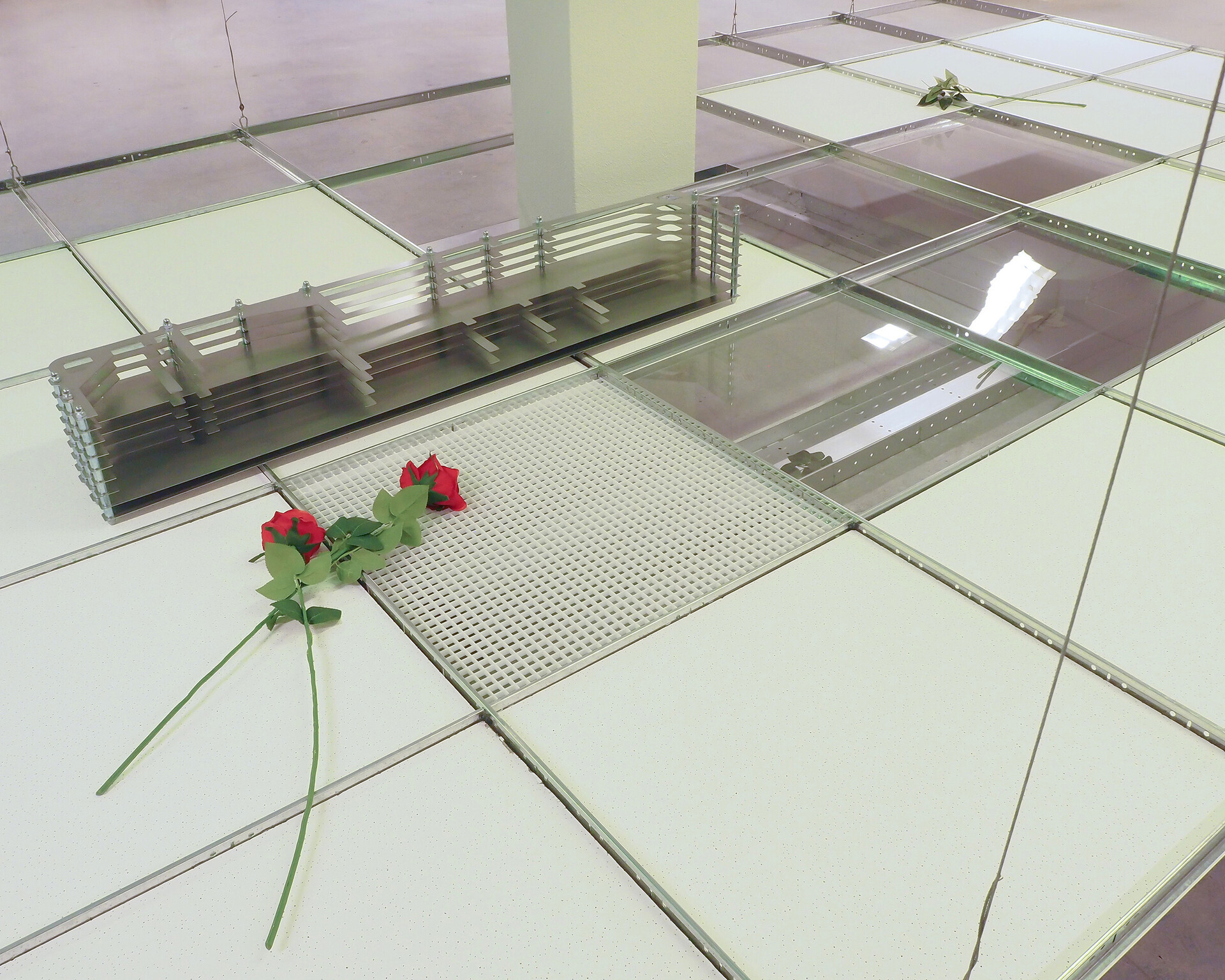 Tom Putman, detail, 2020, dropped ceiling, perspex, stainless steel, fake roses