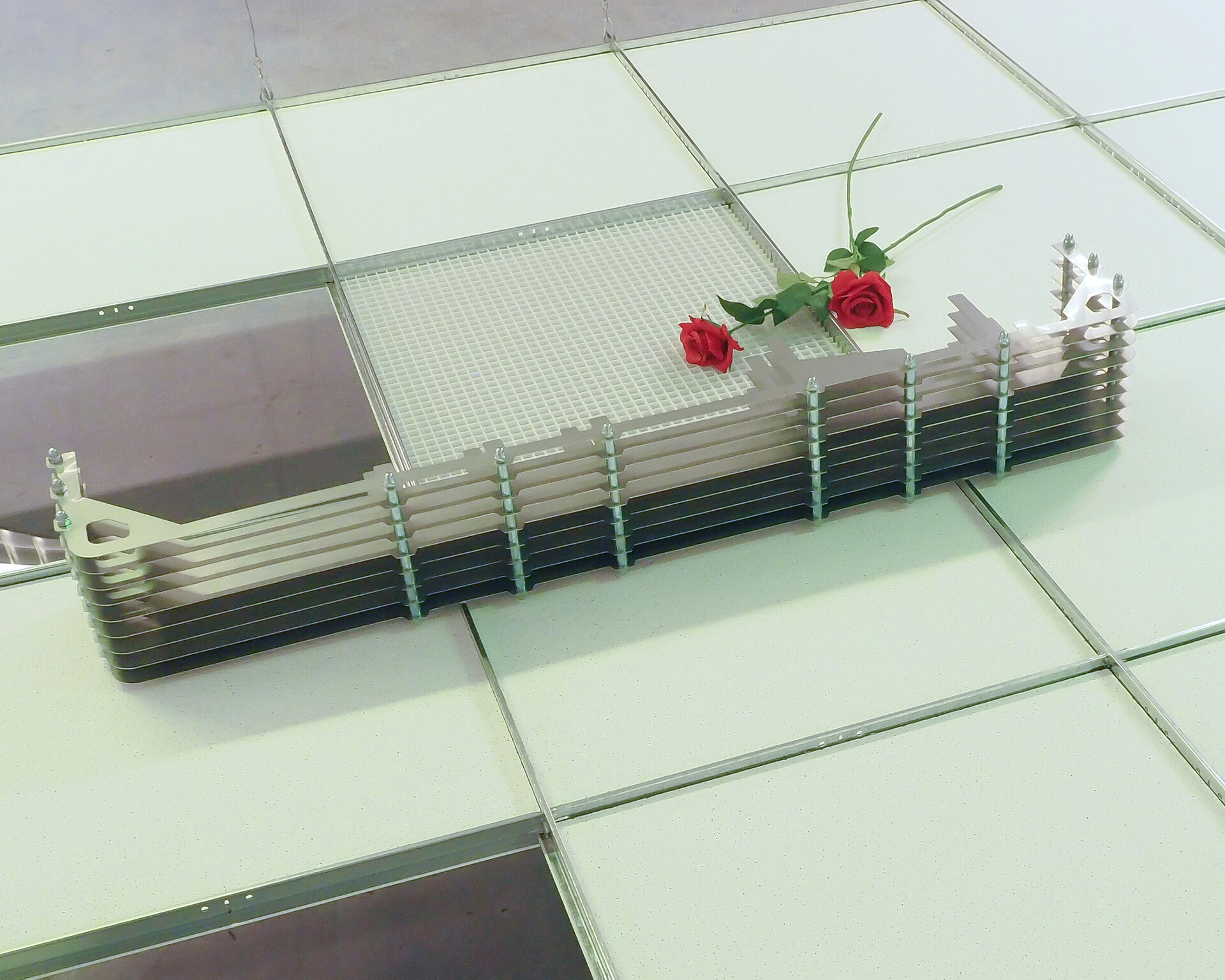 Tom Putman, detail, 2020, dropped ceiling, perspex, stainless steel, fake roses