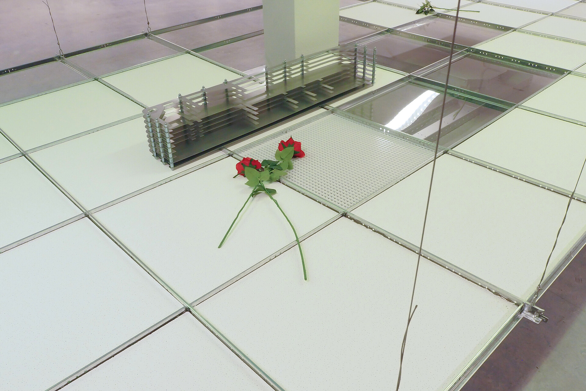 Tom Putman, detail, 2020, dropped ceiling, perspex, stainless steel, fake roses