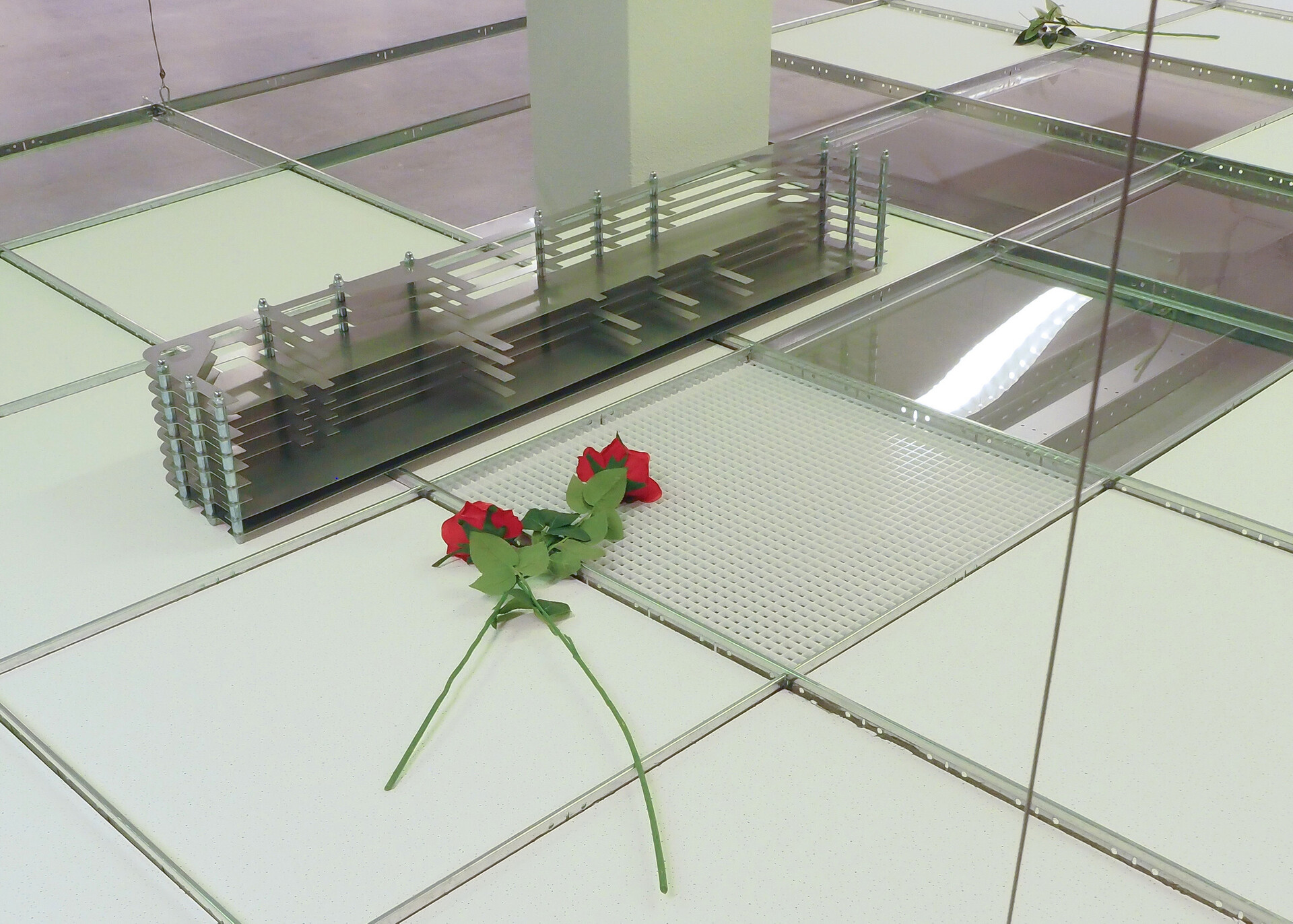 Tom Putman, detail, 2020, dropped ceiling, perspex, stainless steel, fake roses