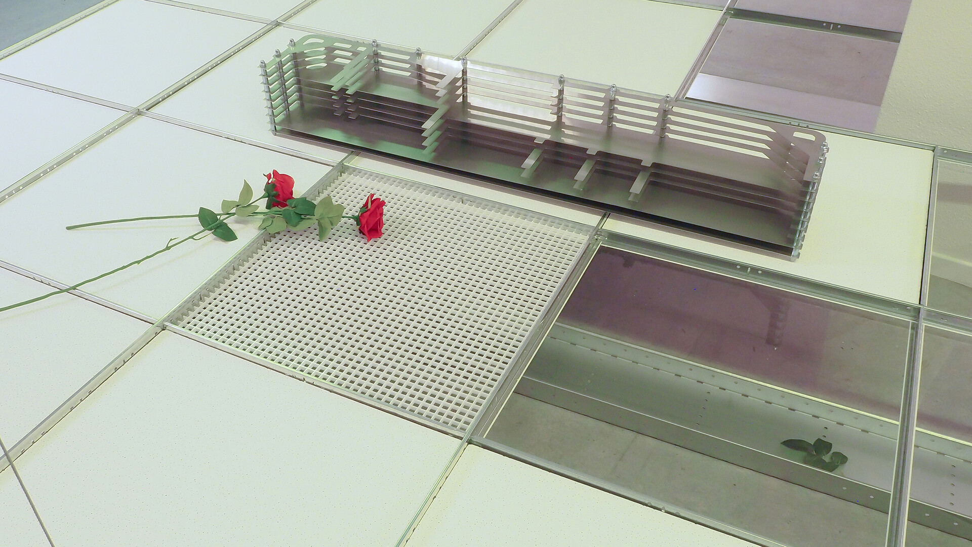 Tom Putman, detail, 2020, dropped ceiling, perspex, stainless steel, fake roses